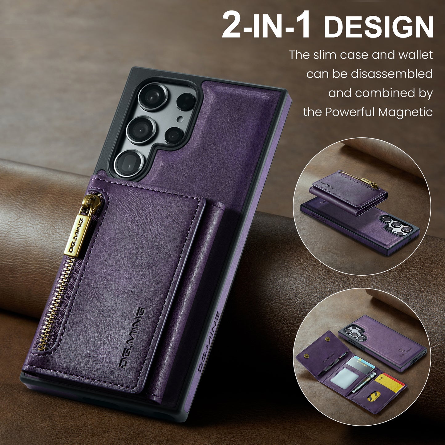 DG.MING M5 Series For Samsung Galaxy S24+ Wallet Case 2-in-1 Detachable Leather Phone Cover - Purple