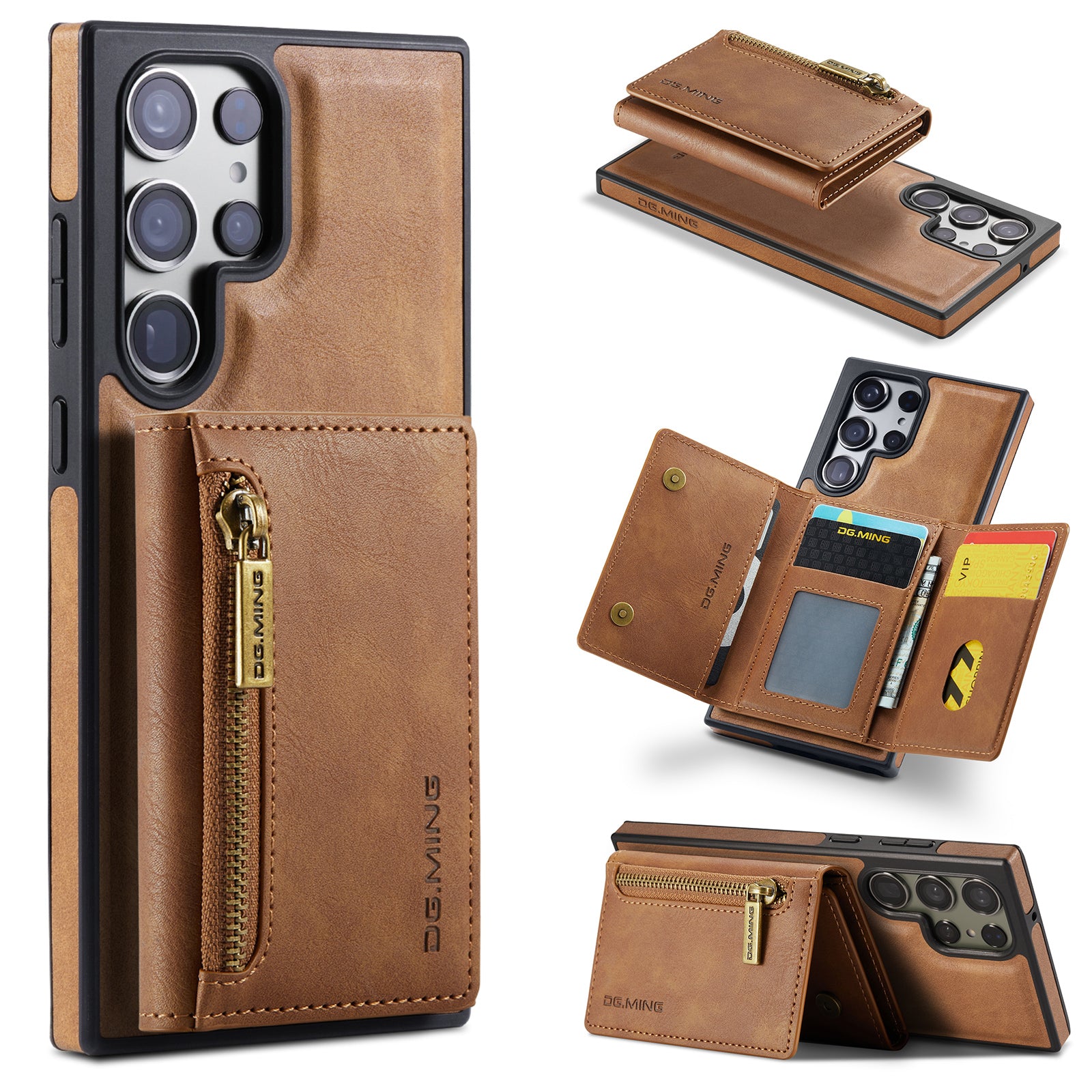 DG.MING M5 Series For Samsung Galaxy S24 Ultra Case Kickstand Leather Phone Back Cover - Brown