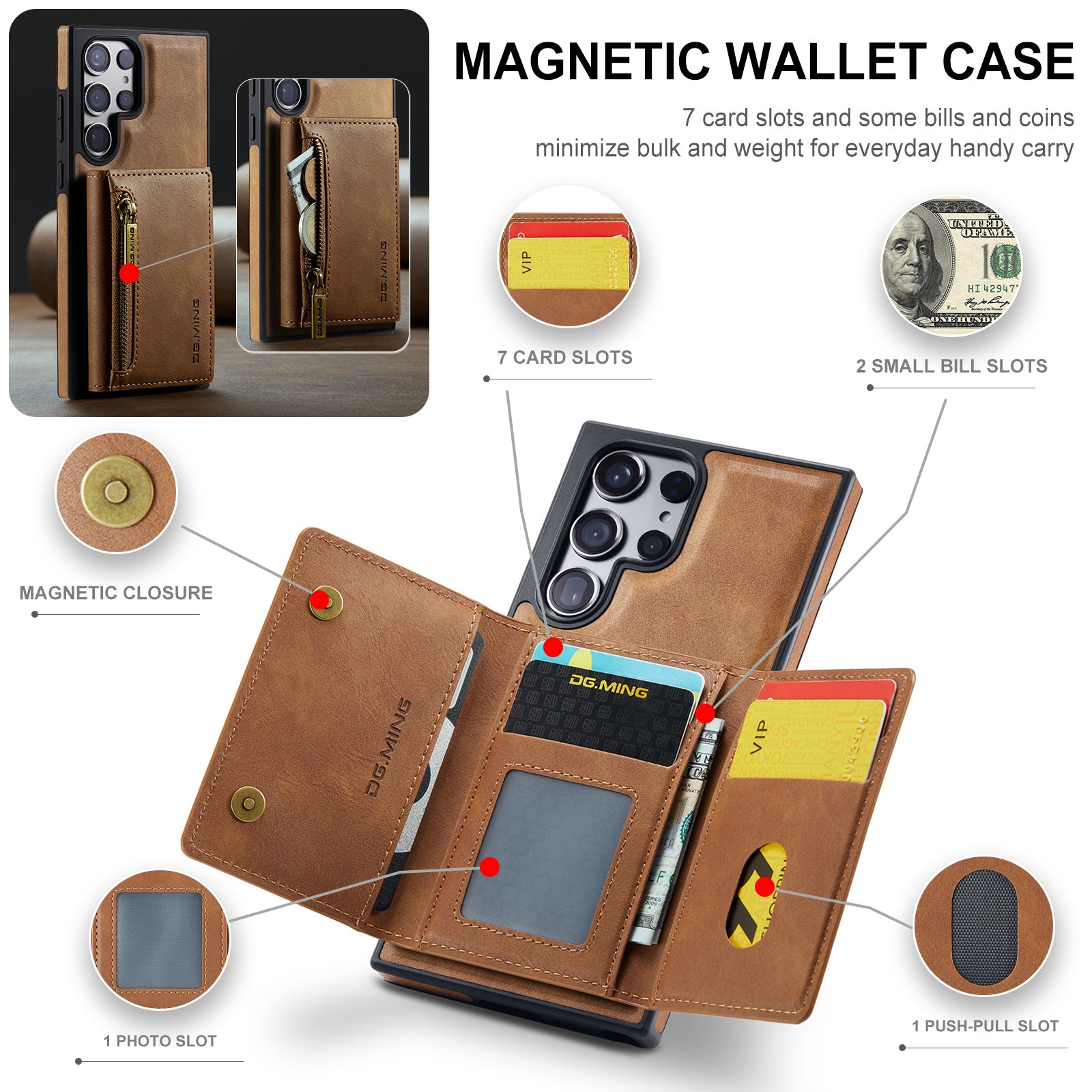 DG.MING M5 Series For Samsung Galaxy S24 Ultra Case Kickstand Leather Phone Back Cover - Brown