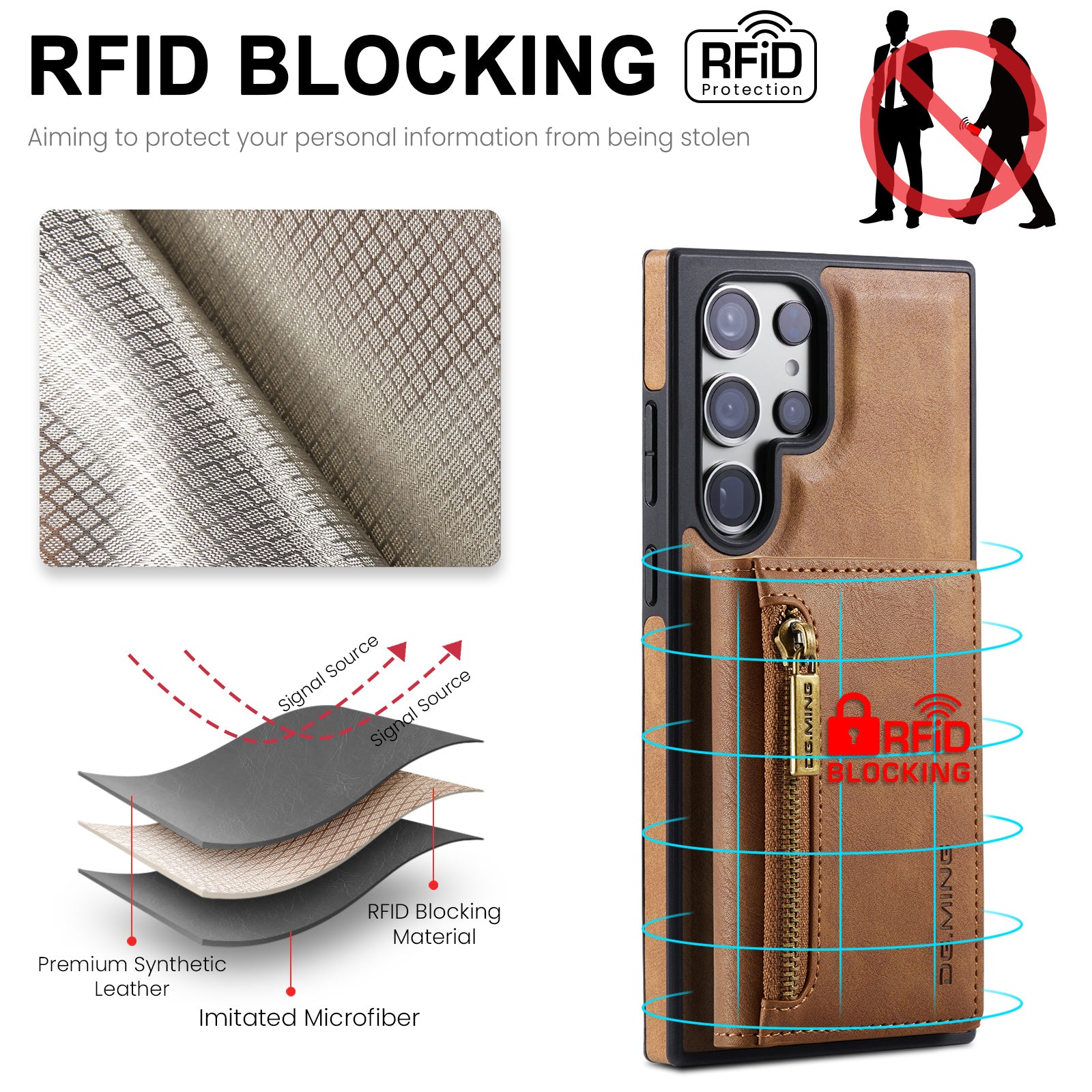 DG.MING M5 Series For Samsung Galaxy S24 Ultra Case Kickstand Leather Phone Back Cover - Brown