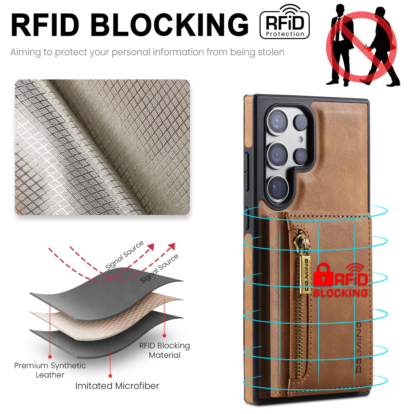 DG.MING M5 Series For Samsung Galaxy S24 Ultra Case Kickstand Leather Phone Back Cover - Brown