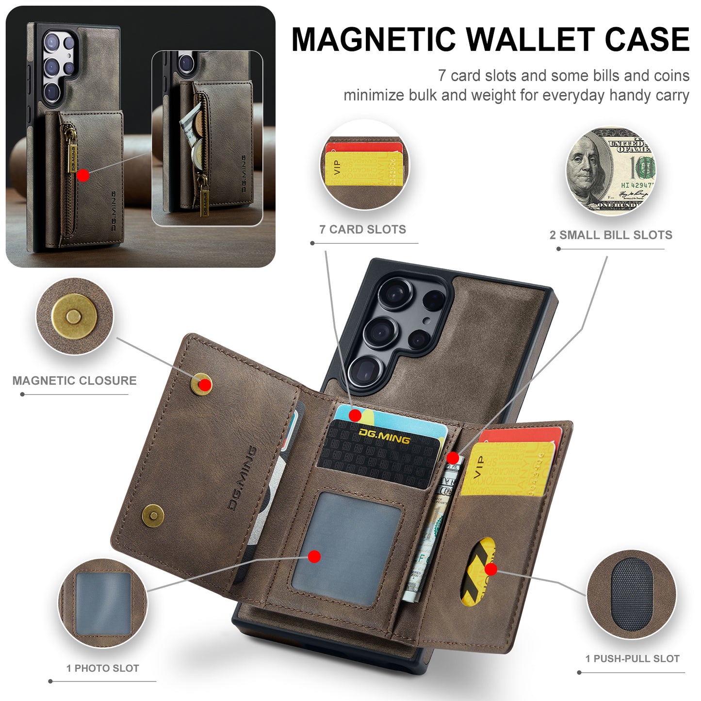 DG.MING M5 Series For Samsung Galaxy S24 Ultra Case Kickstand Leather Phone Back Cover - Coffee