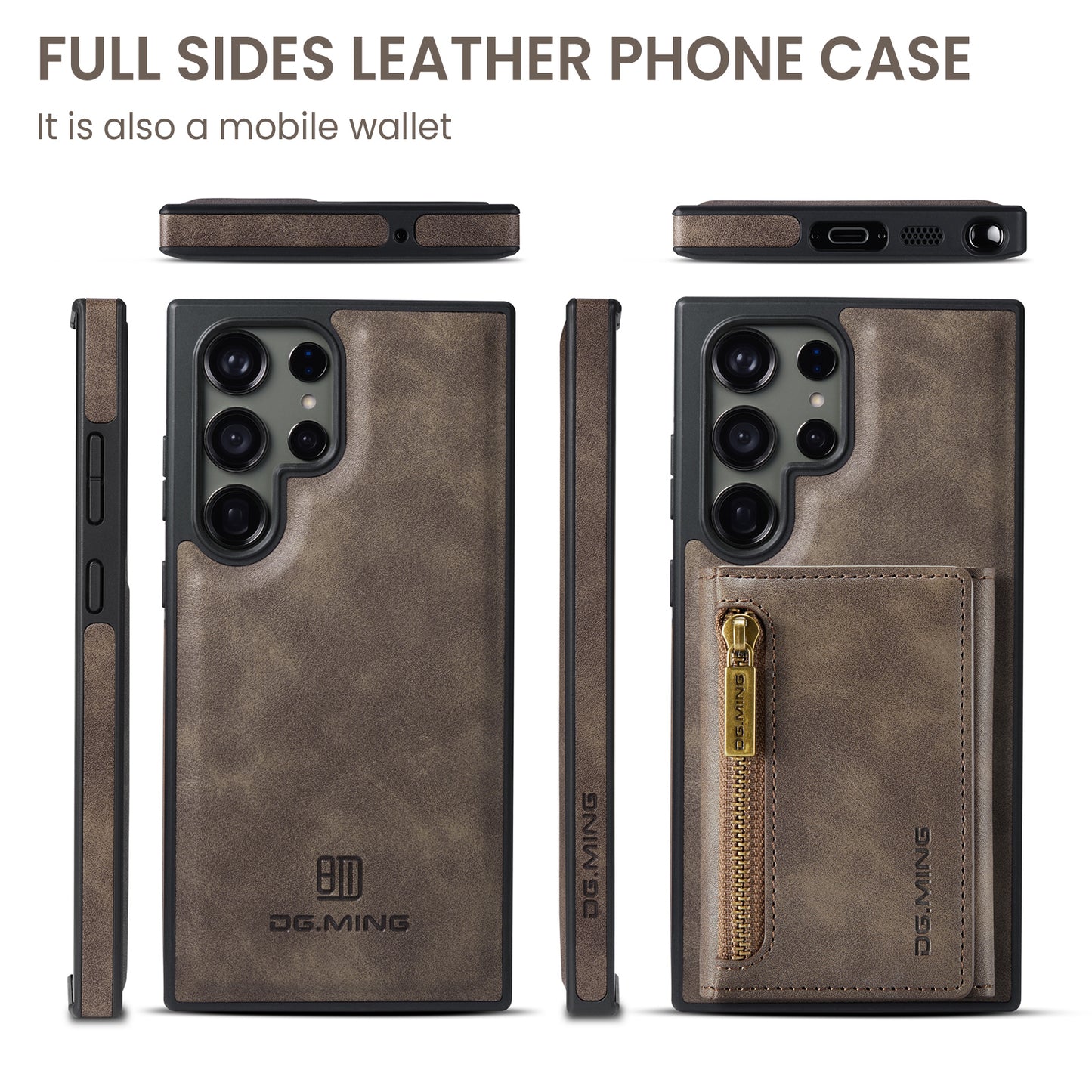 DG.MING M5 Series For Samsung Galaxy S24 Ultra Case Kickstand Leather Phone Back Cover - Coffee