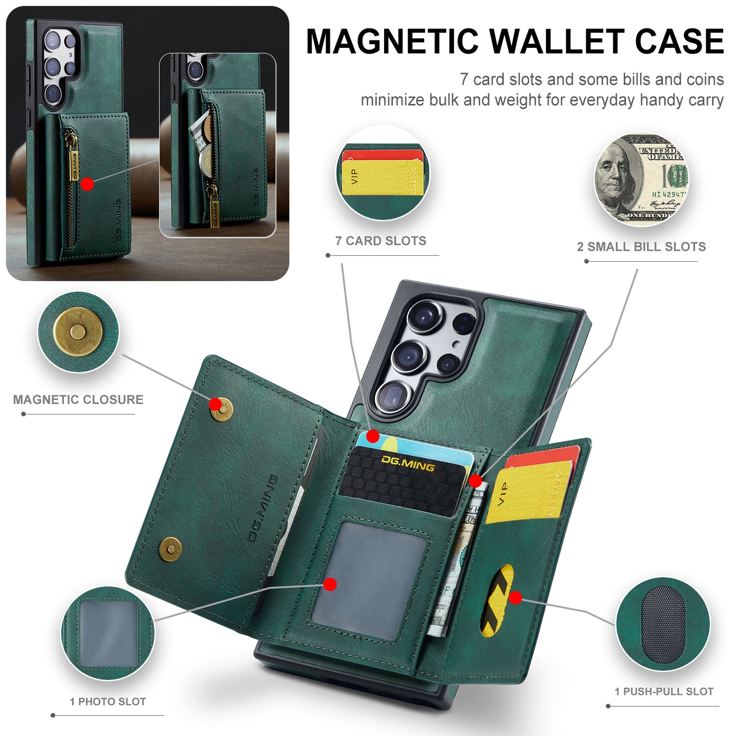DG.MING M5 Series For Samsung Galaxy S24 Ultra Case Kickstand Leather Phone Back Cover - Green