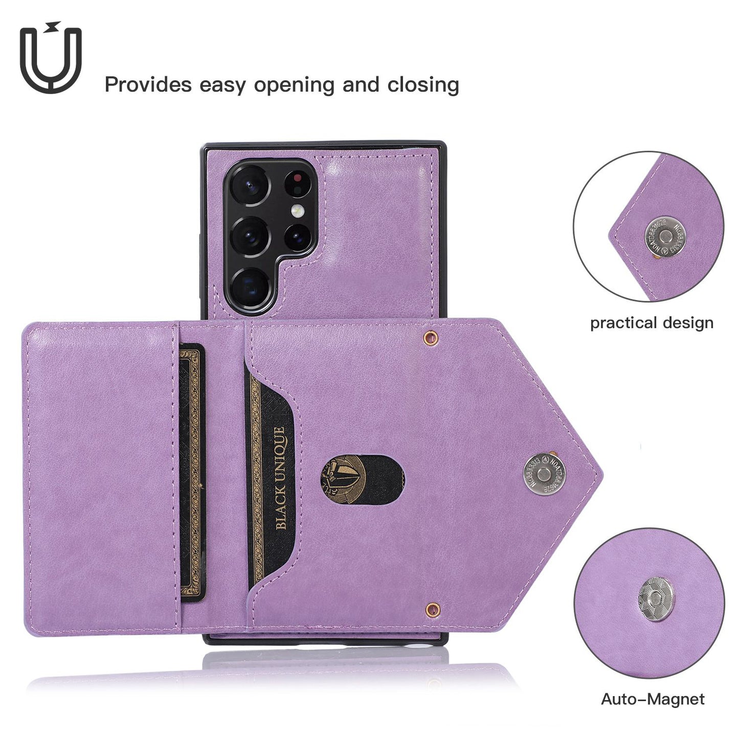 For Samsung Galaxy S24 Ultra Case Card Holder Kickstand Leather+TPU Crossbody Cover - Purple
