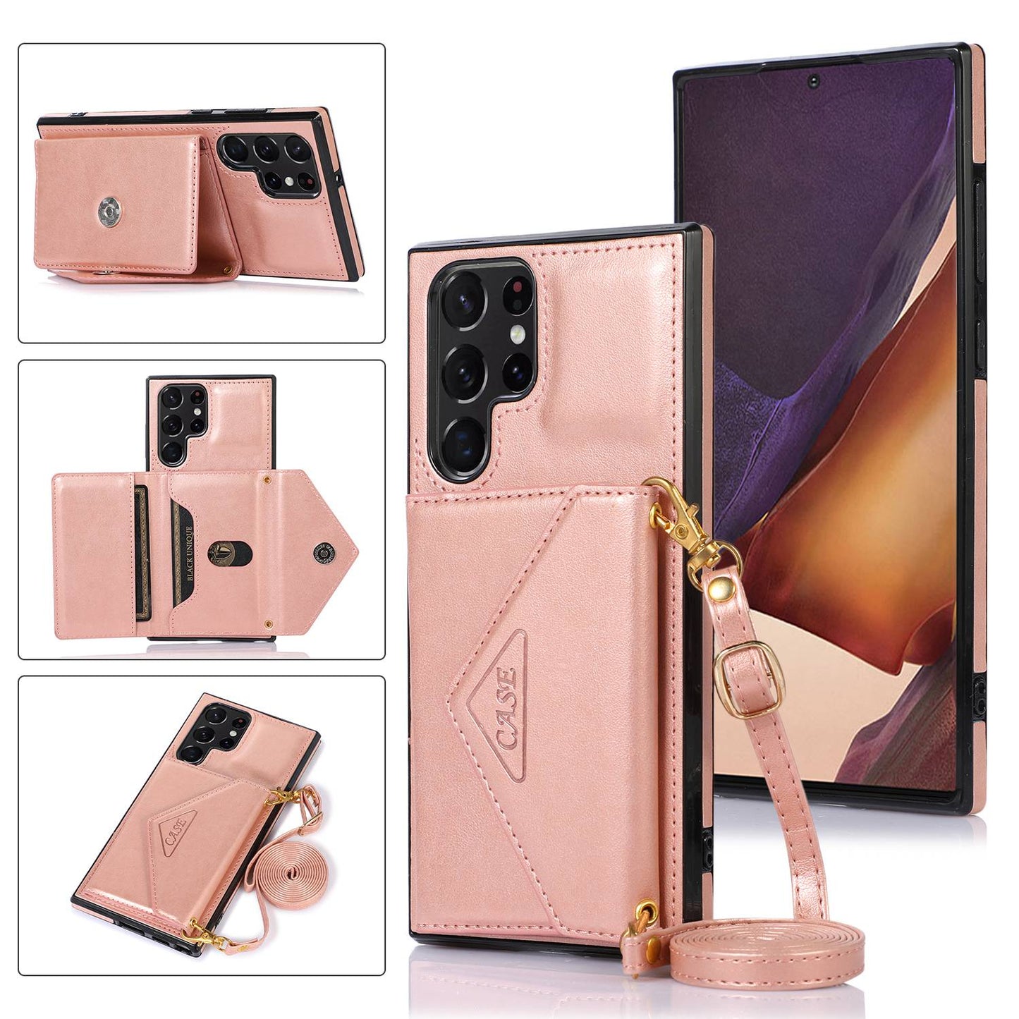 For Samsung Galaxy S24 Ultra Case Card Holder Kickstand Leather+TPU Crossbody Cover - Rose Gold