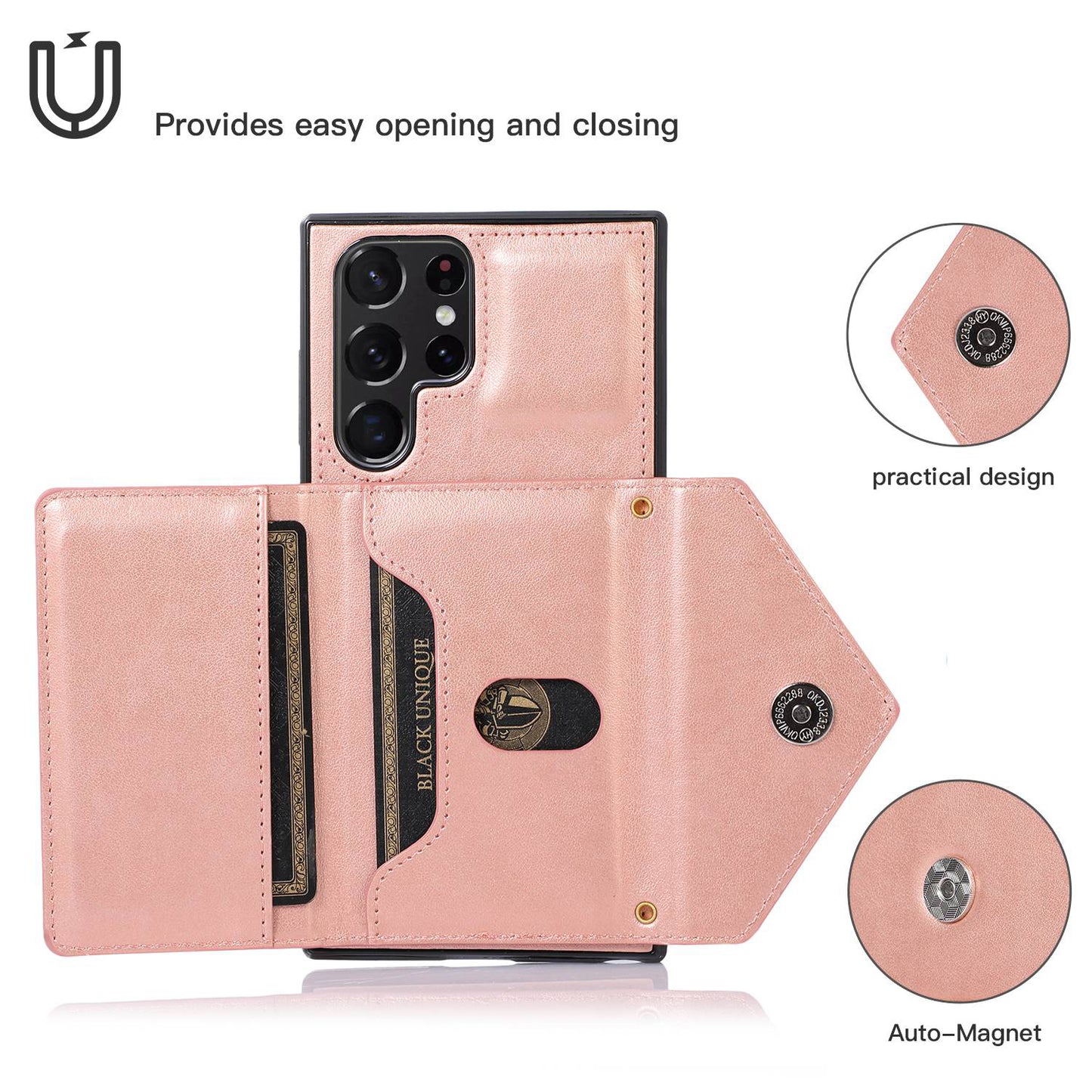 For Samsung Galaxy S24 Ultra Case Card Holder Kickstand Leather+TPU Crossbody Cover - Rose Gold