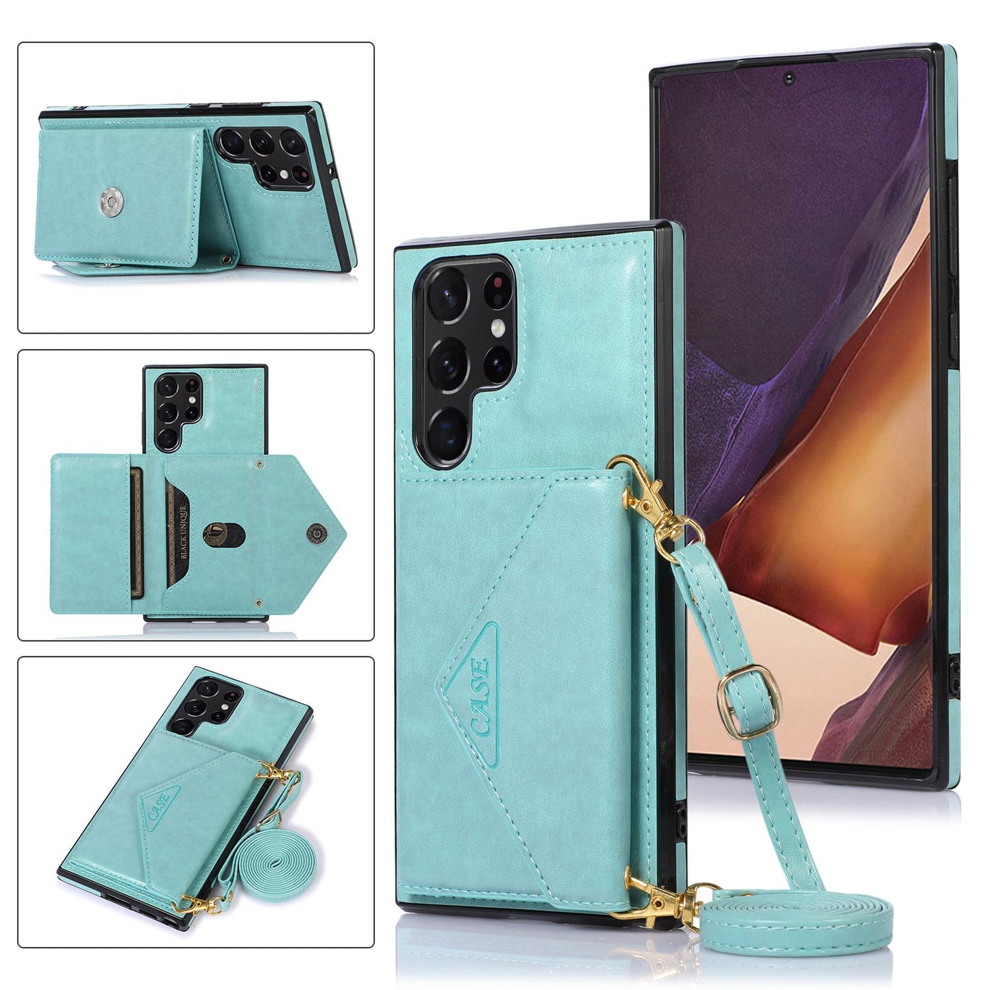 For Samsung Galaxy S24 Ultra Case Card Holder Kickstand Leather+TPU Crossbody Cover - Green
