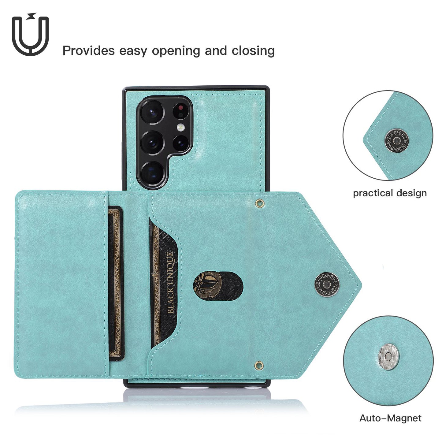For Samsung Galaxy S24 Ultra Case Card Holder Kickstand Leather+TPU Crossbody Cover - Green