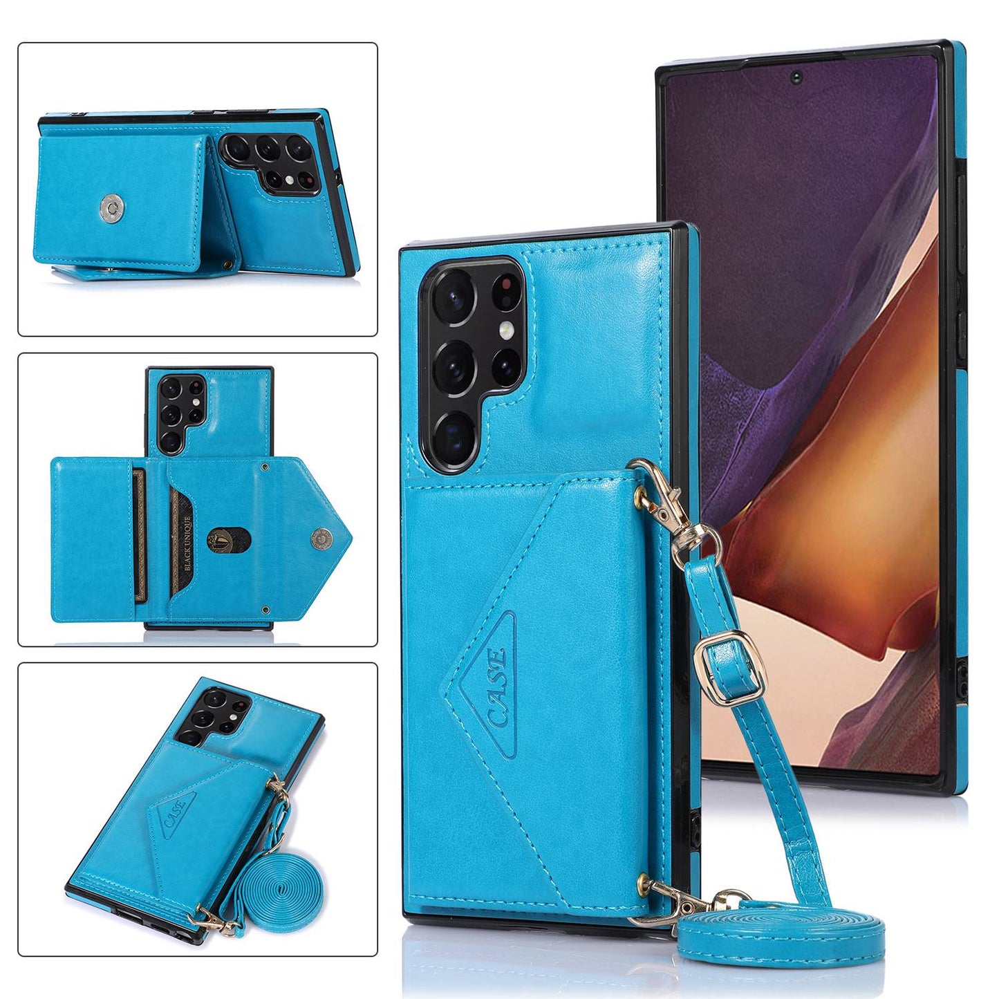 For Samsung Galaxy S24 Ultra Case Card Holder Kickstand Leather+TPU Crossbody Cover - Blue