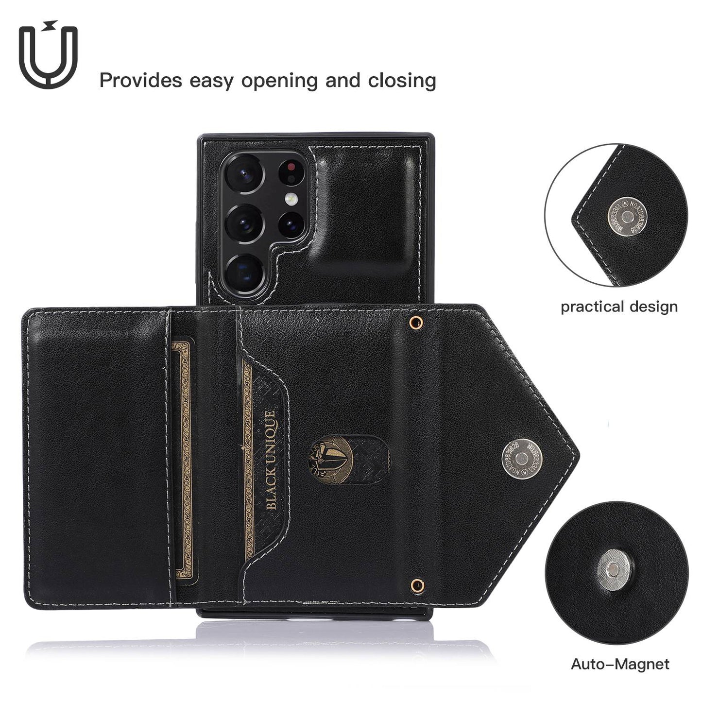 For Samsung Galaxy S24 Ultra Case Card Holder Kickstand Leather+TPU Crossbody Cover - Black
