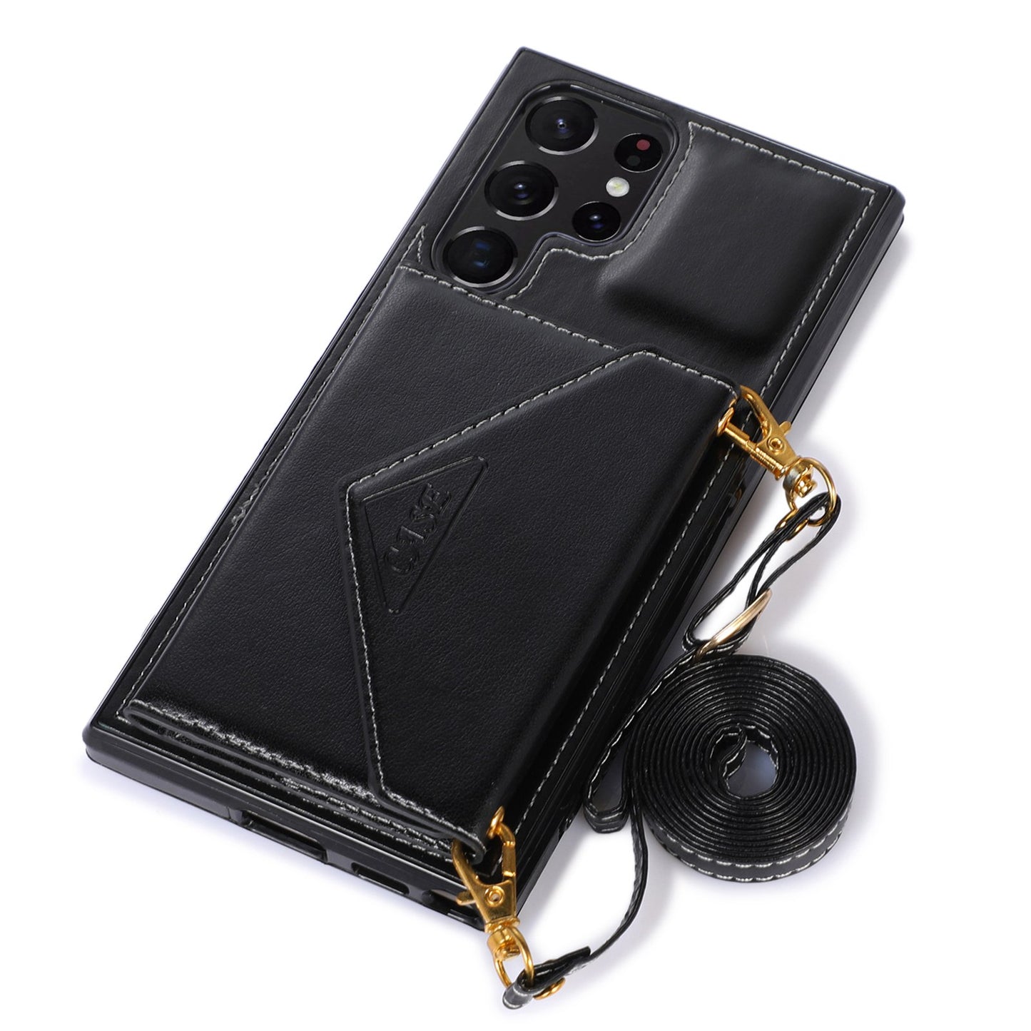 For Samsung Galaxy S24 Ultra Case Card Holder Kickstand Leather+TPU Crossbody Cover - Black