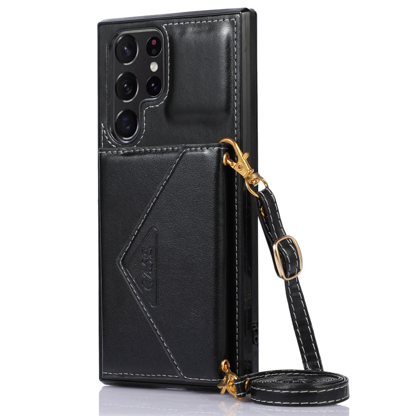 For Samsung Galaxy S24 Ultra Case Card Holder Kickstand Leather+TPU Crossbody Cover - Black