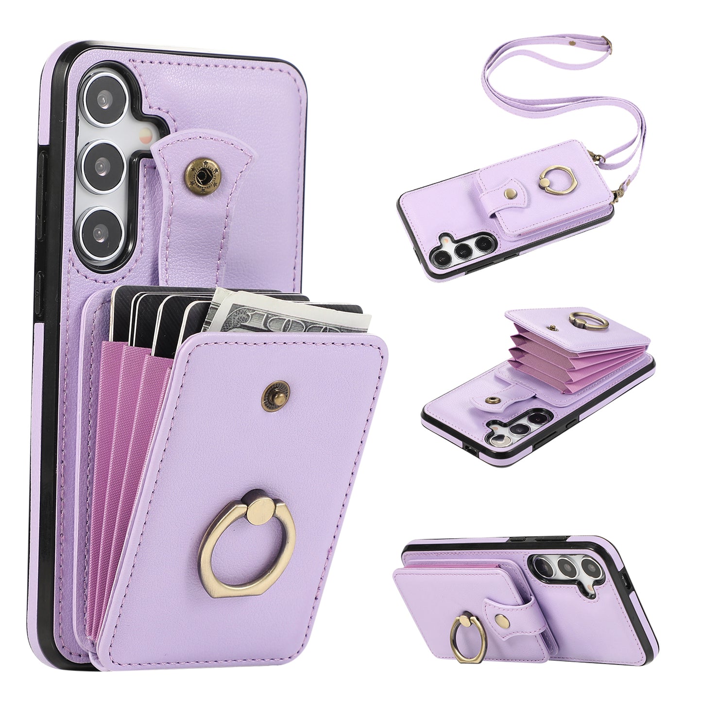 For Samsung Galaxy S24+ Cell Phone Case Card Holder TPU+PU Leather Phone Cover with Kickstand - Purple