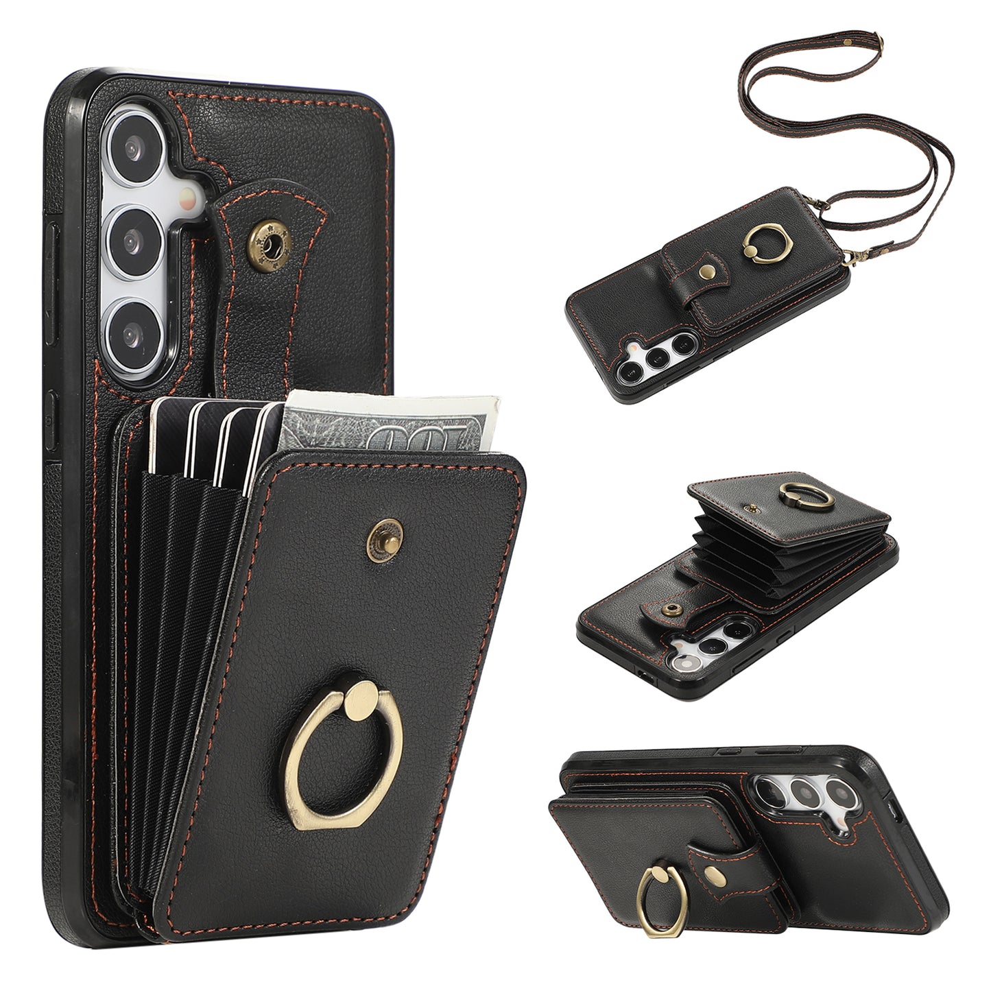 For Samsung Galaxy S24+ Cell Phone Case Card Holder TPU+PU Leather Phone Cover with Kickstand - Black