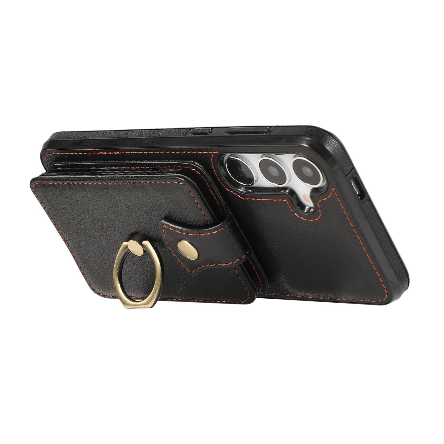 For Samsung Galaxy S24+ Cell Phone Case Card Holder TPU+PU Leather Phone Cover with Kickstand - Black