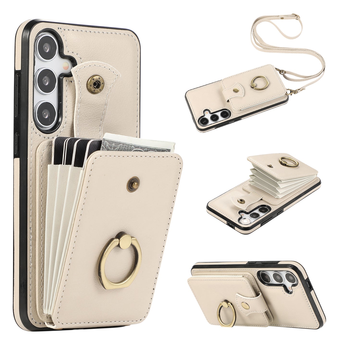 For Samsung Galaxy S24 Dustproof TPU+PU Leather Phone Cover Card Holder Kickstand Mobile Phone Case - Beige