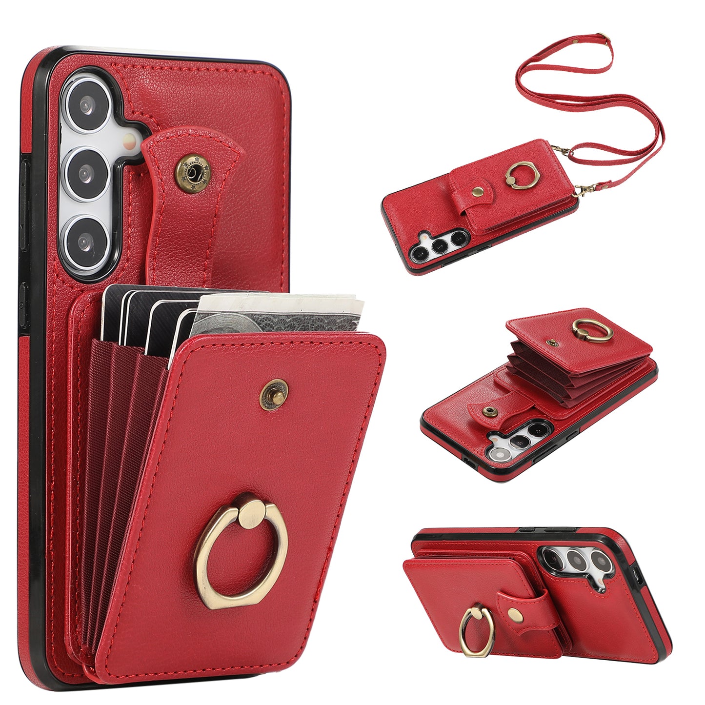 For Samsung Galaxy S24 Dustproof TPU+PU Leather Phone Cover Card Holder Kickstand Mobile Phone Case - Red