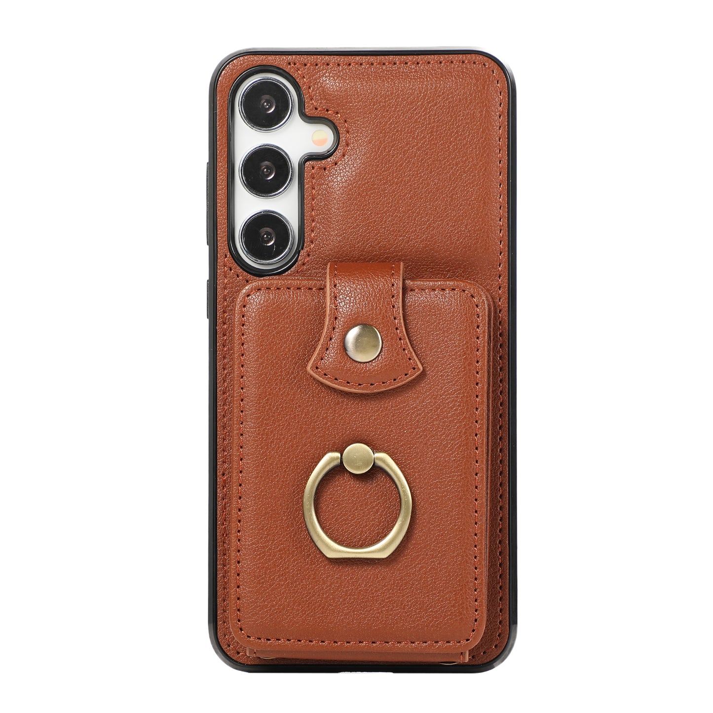 For Samsung Galaxy S24 Dustproof TPU+PU Leather Phone Cover Card Holder Kickstand Mobile Phone Case - Brown