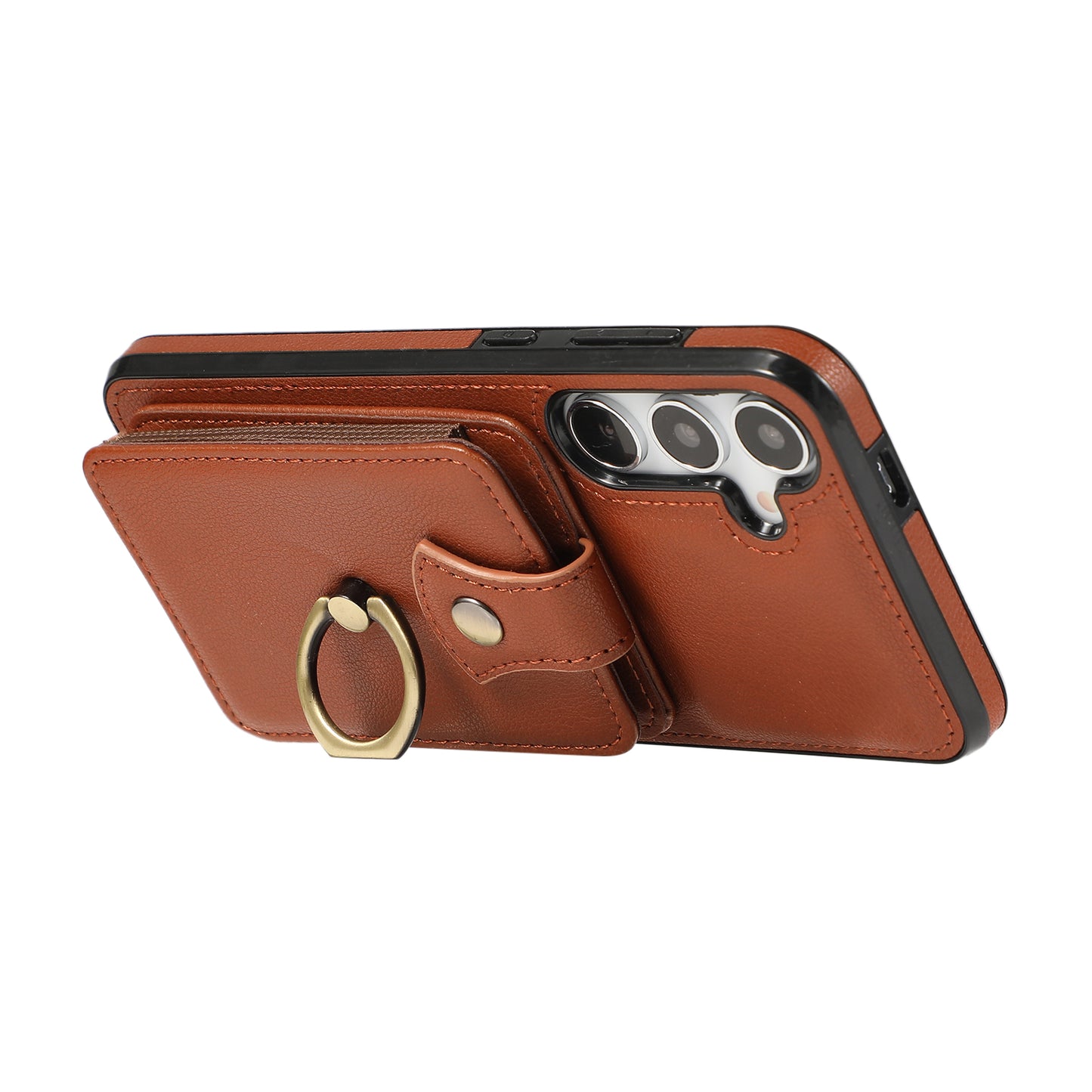 For Samsung Galaxy S24 Dustproof TPU+PU Leather Phone Cover Card Holder Kickstand Mobile Phone Case - Brown