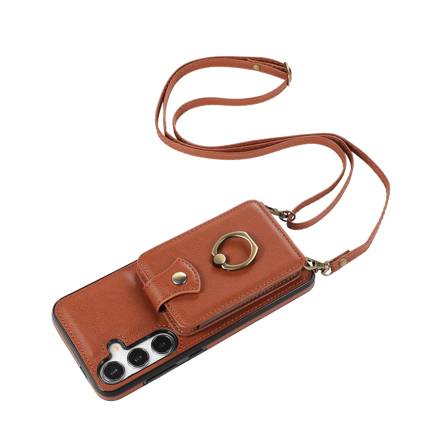 For Samsung Galaxy S24 Dustproof TPU+PU Leather Phone Cover Card Holder Kickstand Mobile Phone Case - Brown
