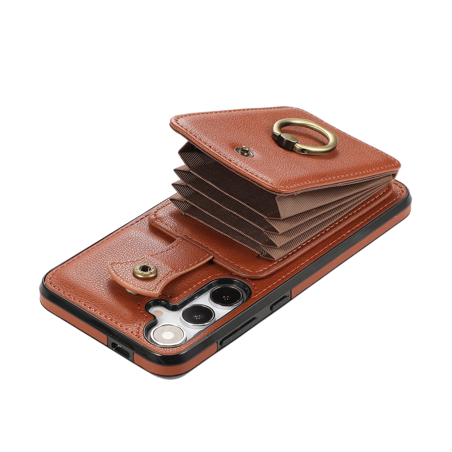 For Samsung Galaxy S24 Dustproof TPU+PU Leather Phone Cover Card Holder Kickstand Mobile Phone Case - Brown