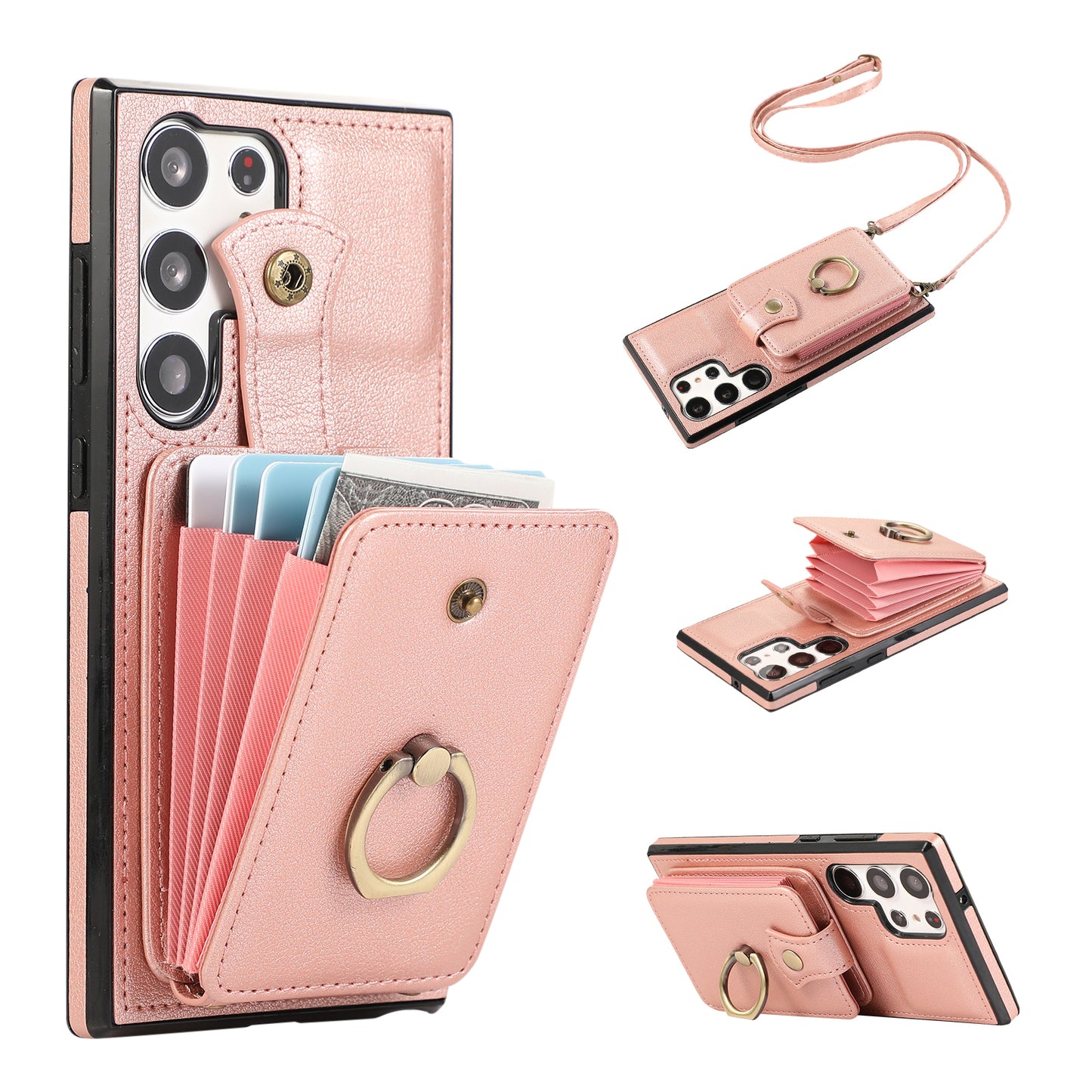 For Samsung Galaxy S24 Ultra Case Shoulder Phone Pouch Kickstand TPU+PU Leather Phone Cover - Rose Gold