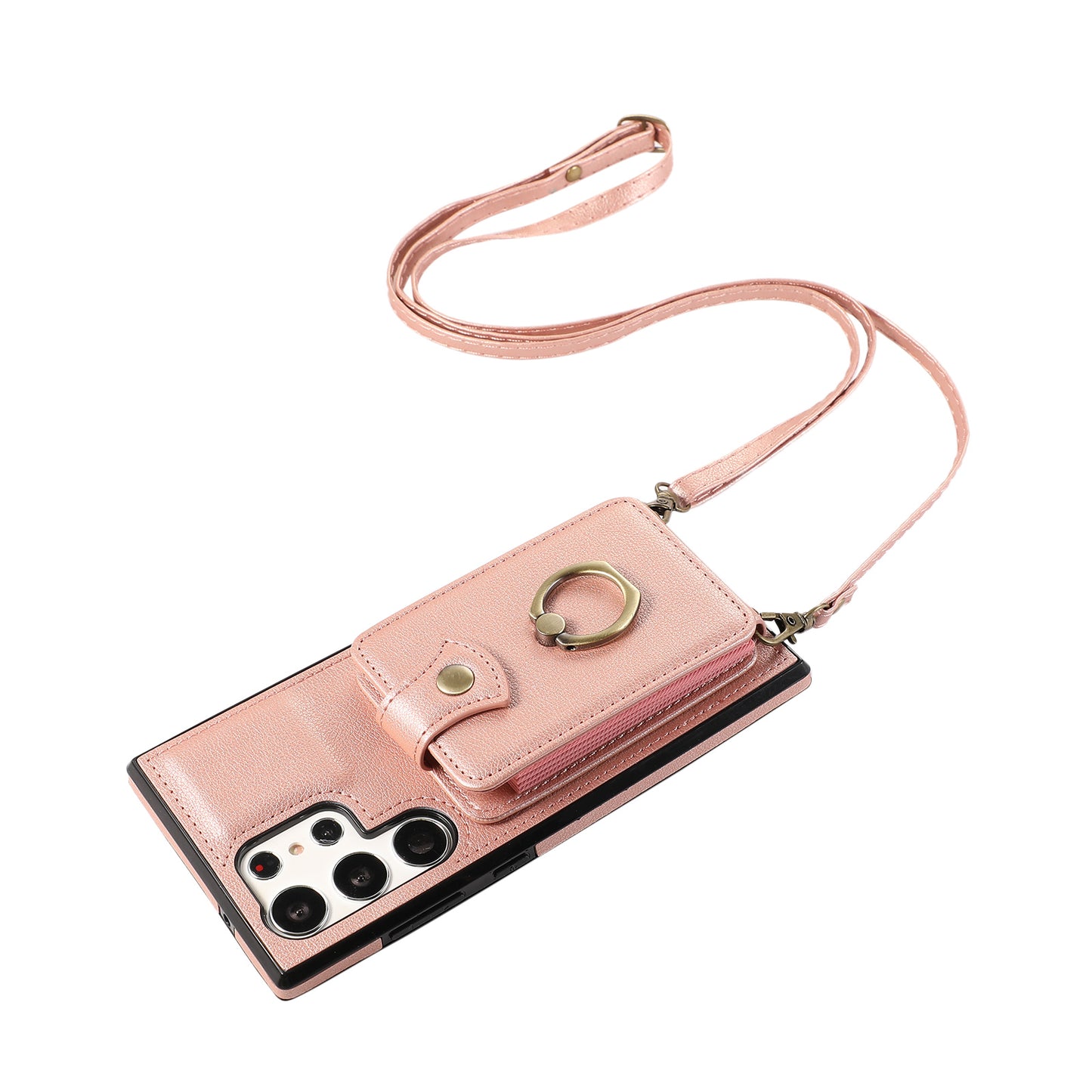 For Samsung Galaxy S24 Ultra Case Shoulder Phone Pouch Kickstand TPU+PU Leather Phone Cover - Rose Gold