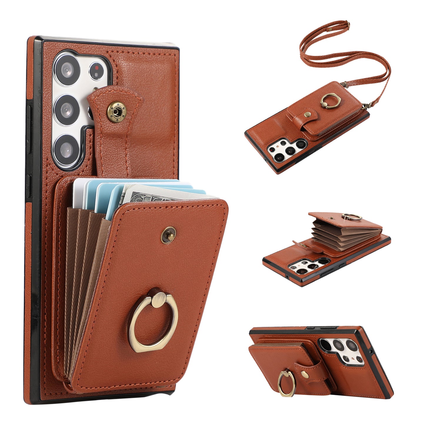 For Samsung Galaxy S24 Ultra Case Shoulder Phone Pouch Kickstand TPU+PU Leather Phone Cover - Brown