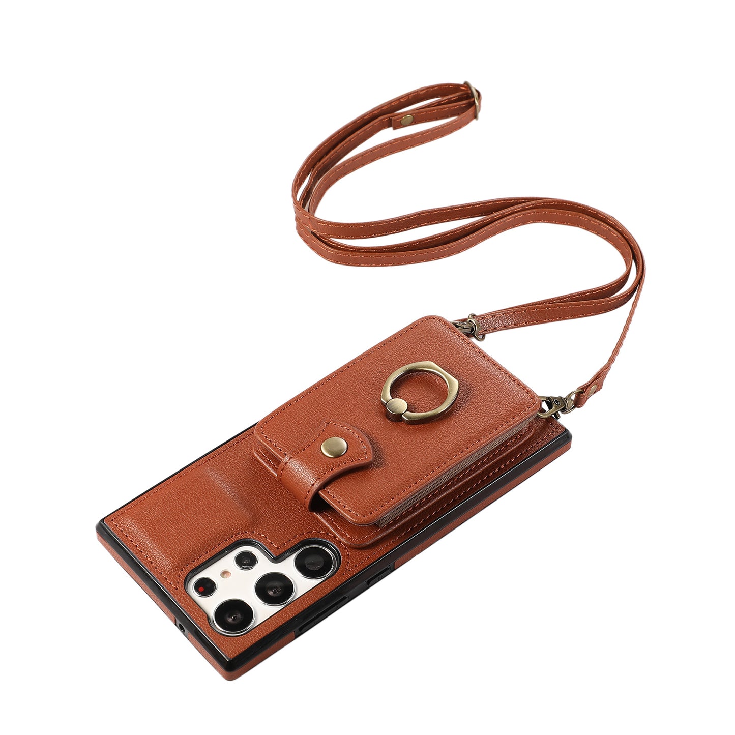 For Samsung Galaxy S24 Ultra Case Shoulder Phone Pouch Kickstand TPU+PU Leather Phone Cover - Brown