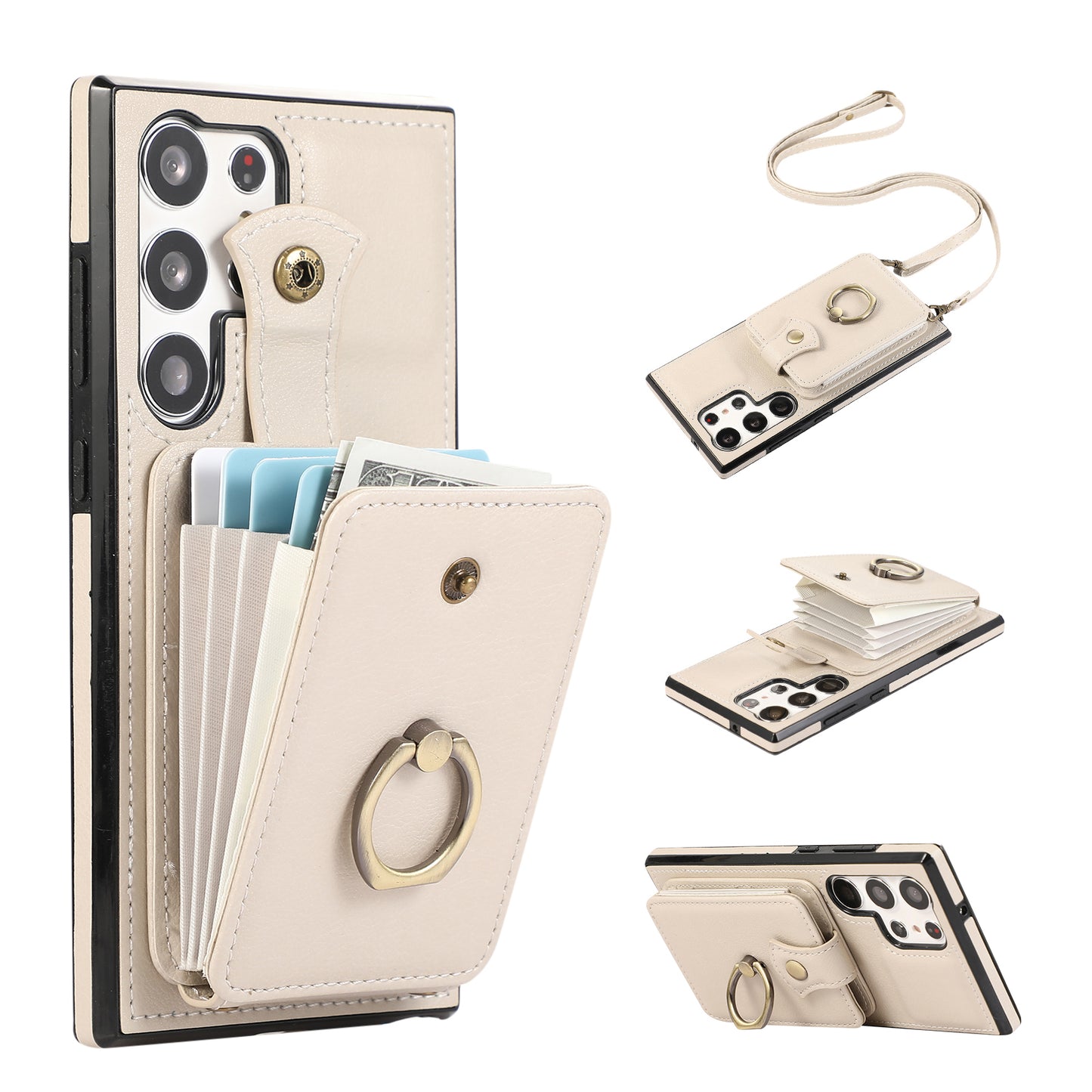 For Samsung Galaxy S24 Ultra Case Shoulder Phone Pouch Kickstand TPU+PU Leather Phone Cover - Beige
