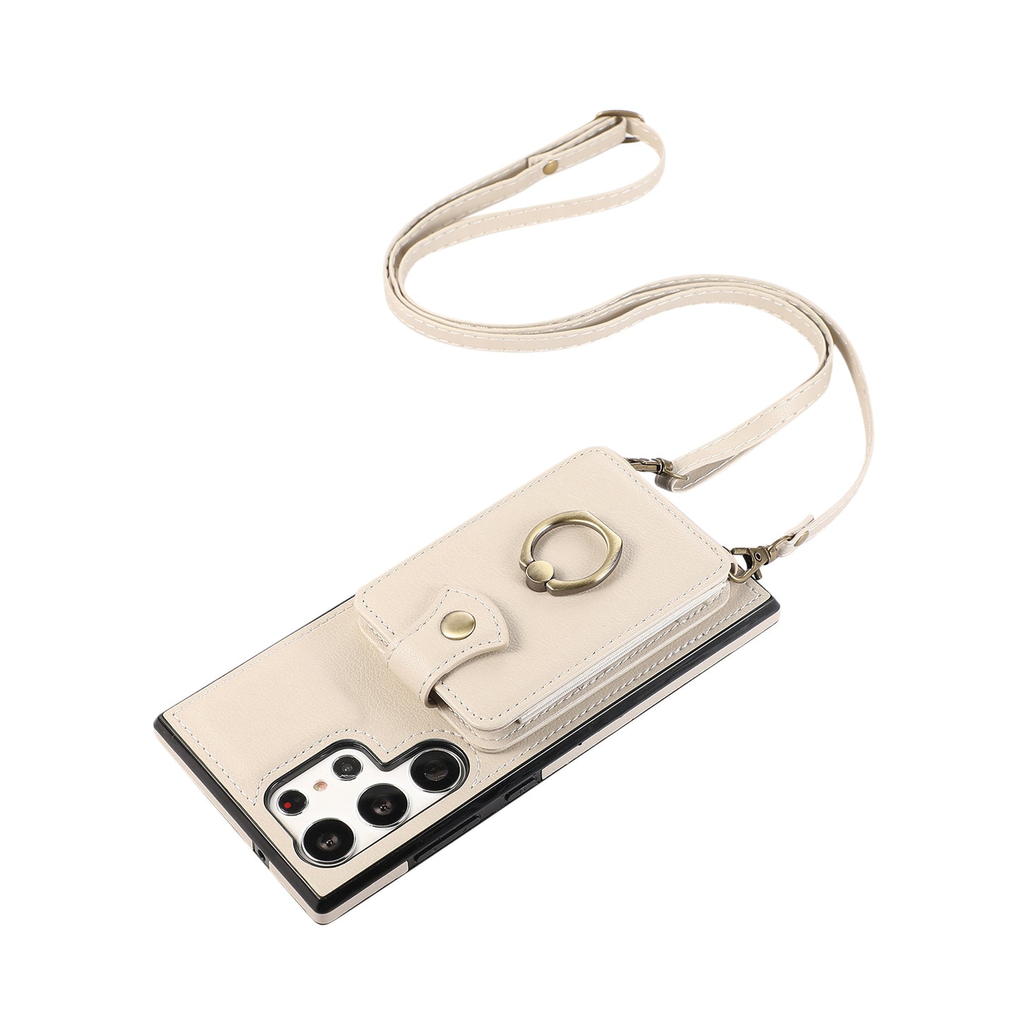For Samsung Galaxy S24 Ultra Case Shoulder Phone Pouch Kickstand TPU+PU Leather Phone Cover - Beige