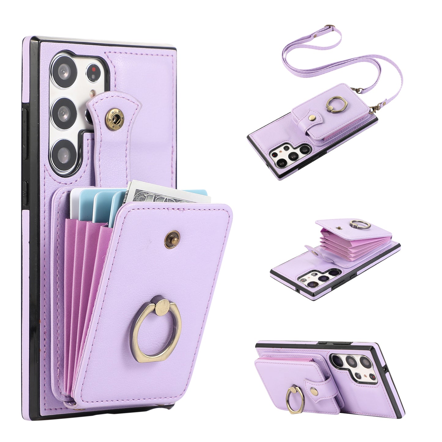 For Samsung Galaxy S24 Ultra Case Shoulder Phone Pouch Kickstand TPU+PU Leather Phone Cover - Purple
