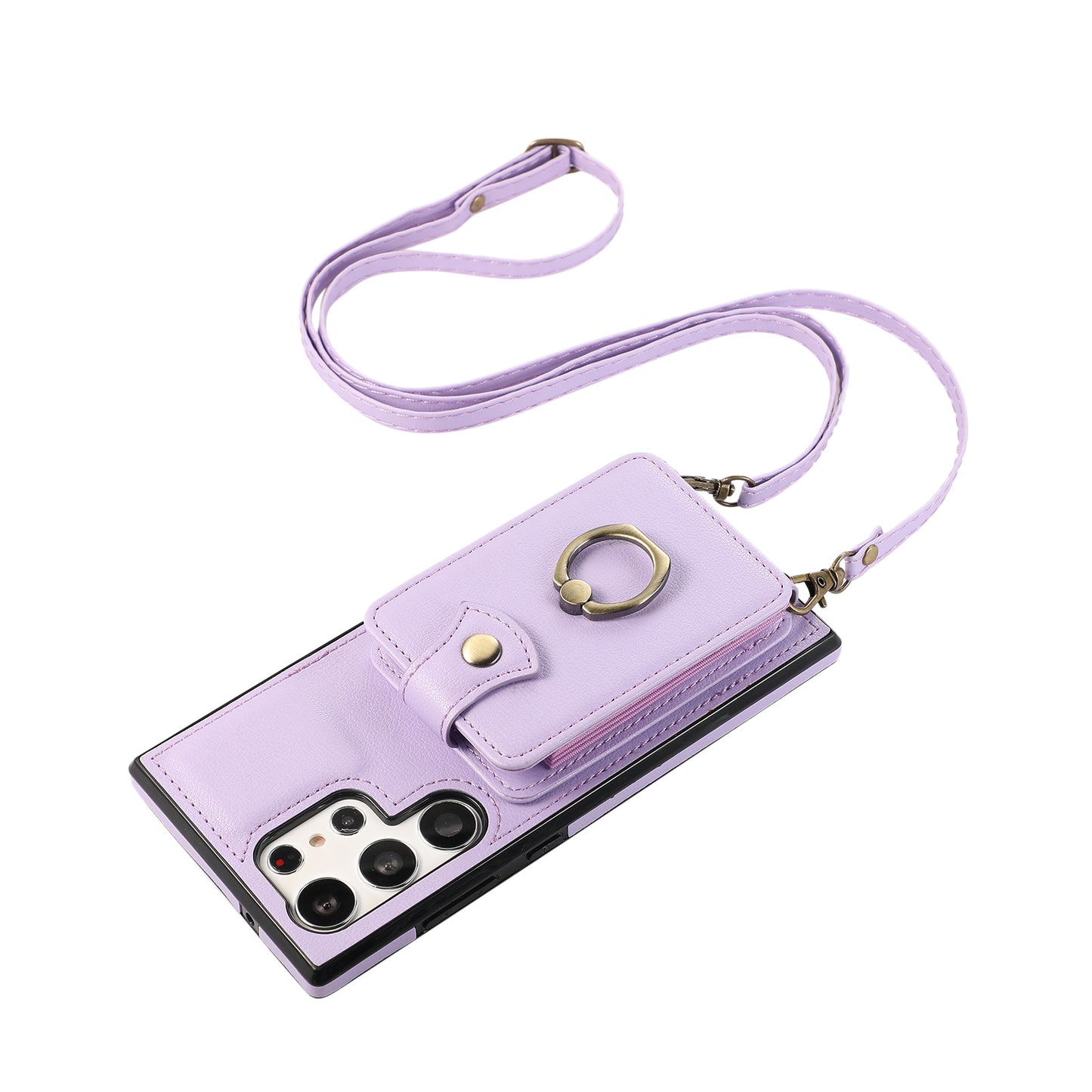 For Samsung Galaxy S24 Ultra Case Shoulder Phone Pouch Kickstand TPU+PU Leather Phone Cover - Purple