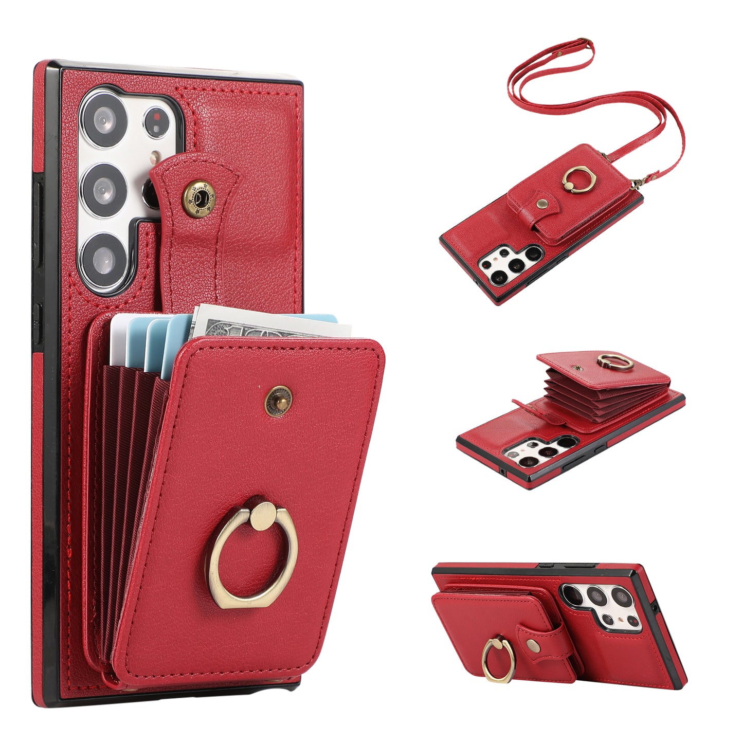 For Samsung Galaxy S24 Ultra Case Shoulder Phone Pouch Kickstand TPU+PU Leather Phone Cover - Red