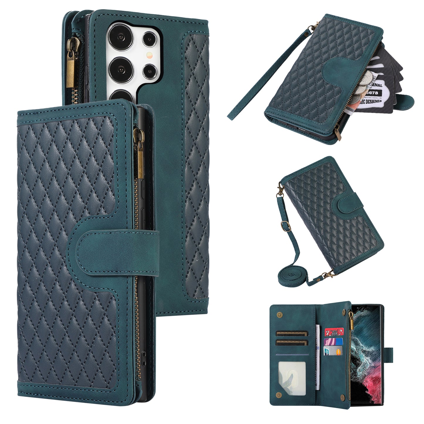 For Samsung Galaxy S24 Ultra Case 9 Card Slots Zipper Pocket Wallet Leather Phone Shell with 2 Straps - Green