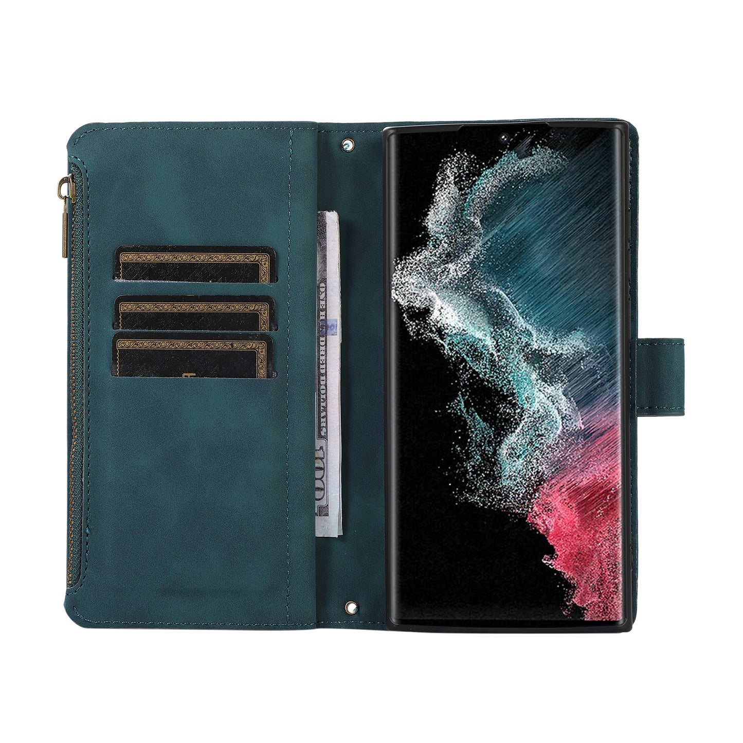 For Samsung Galaxy S24 Ultra Case 9 Card Slots Zipper Pocket Wallet Leather Phone Shell with 2 Straps - Green