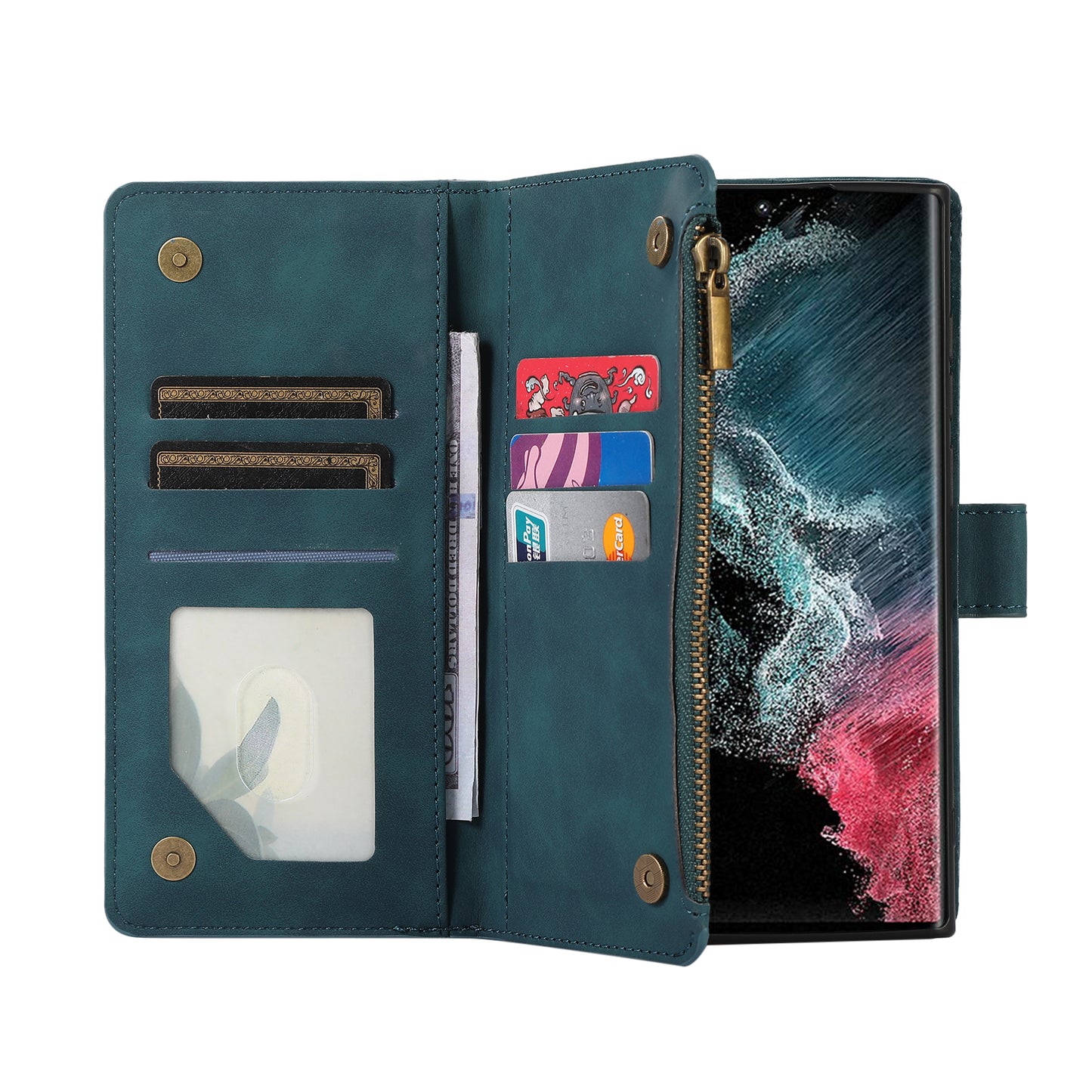For Samsung Galaxy S24 Ultra Case 9 Card Slots Zipper Pocket Wallet Leather Phone Shell with 2 Straps - Green