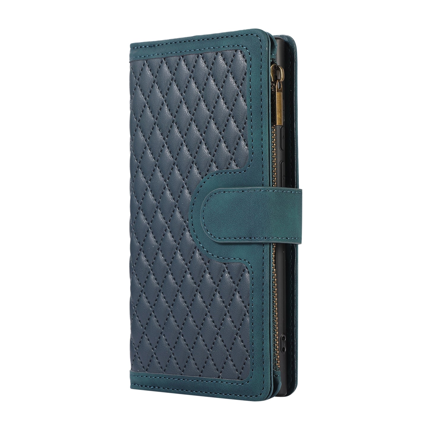 For Samsung Galaxy S24 Ultra Case 9 Card Slots Zipper Pocket Wallet Leather Phone Shell with 2 Straps - Green