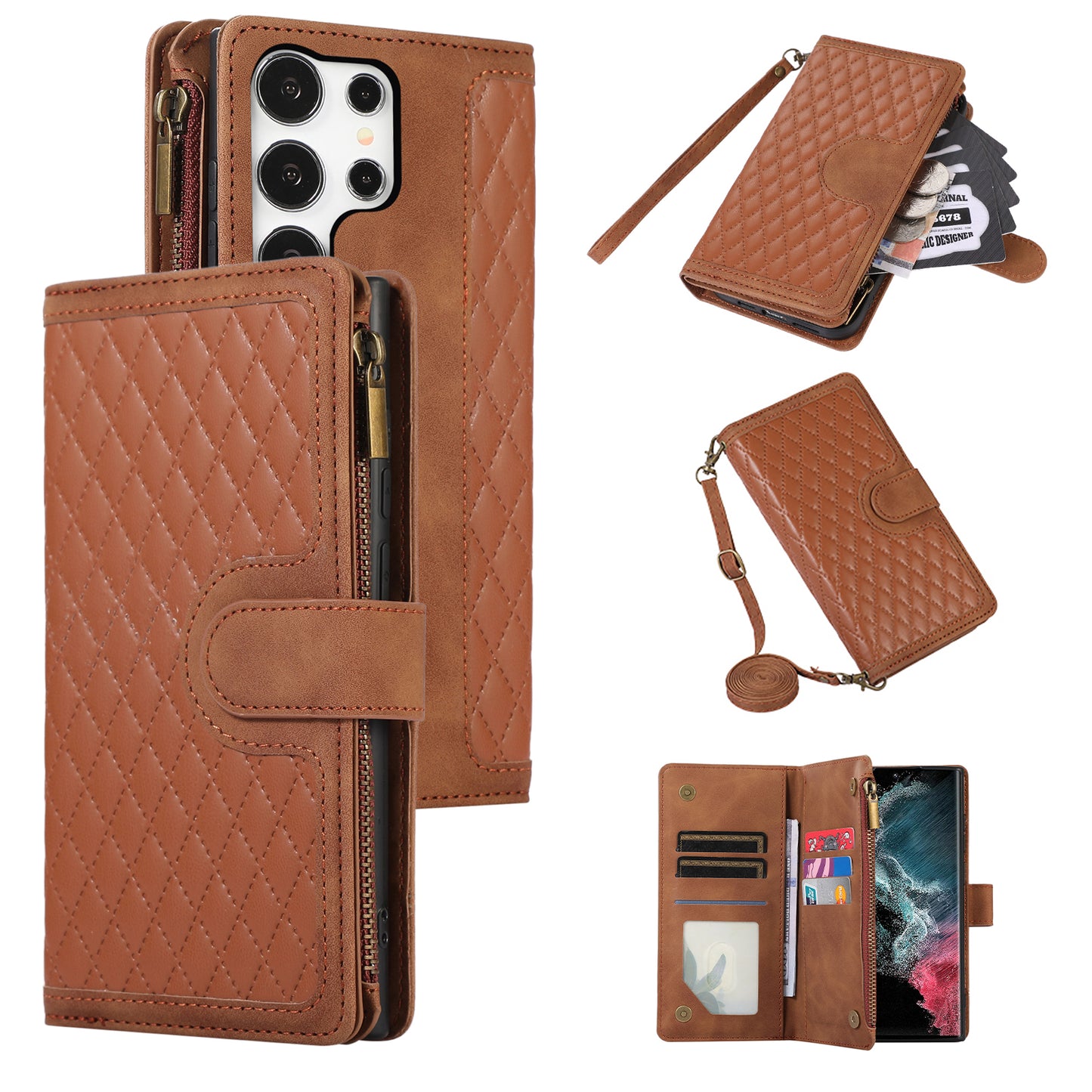 For Samsung Galaxy S24 Ultra Case 9 Card Slots Zipper Pocket Wallet Leather Phone Shell with 2 Straps - Brown