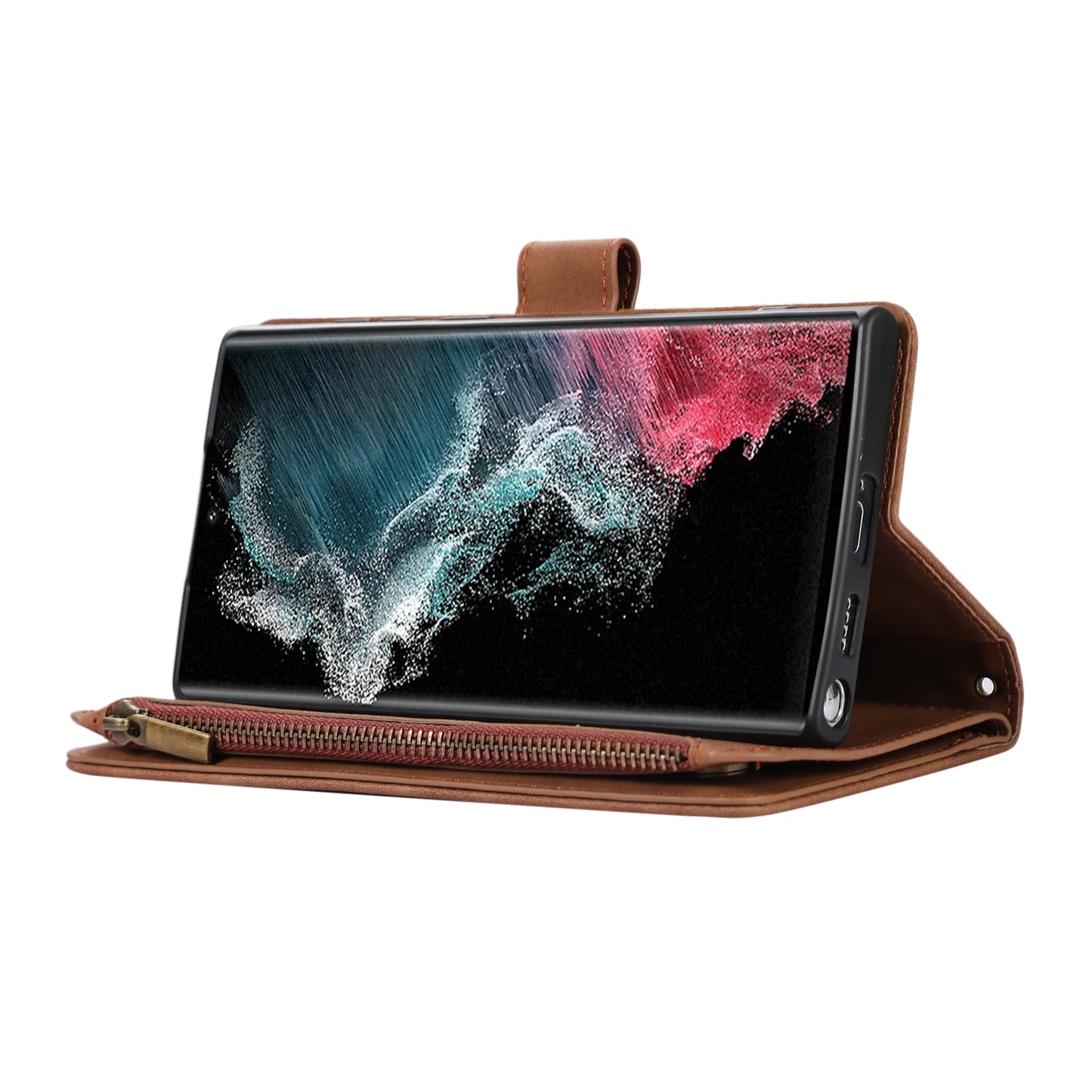 For Samsung Galaxy S24 Ultra Case 9 Card Slots Zipper Pocket Wallet Leather Phone Shell with 2 Straps - Brown