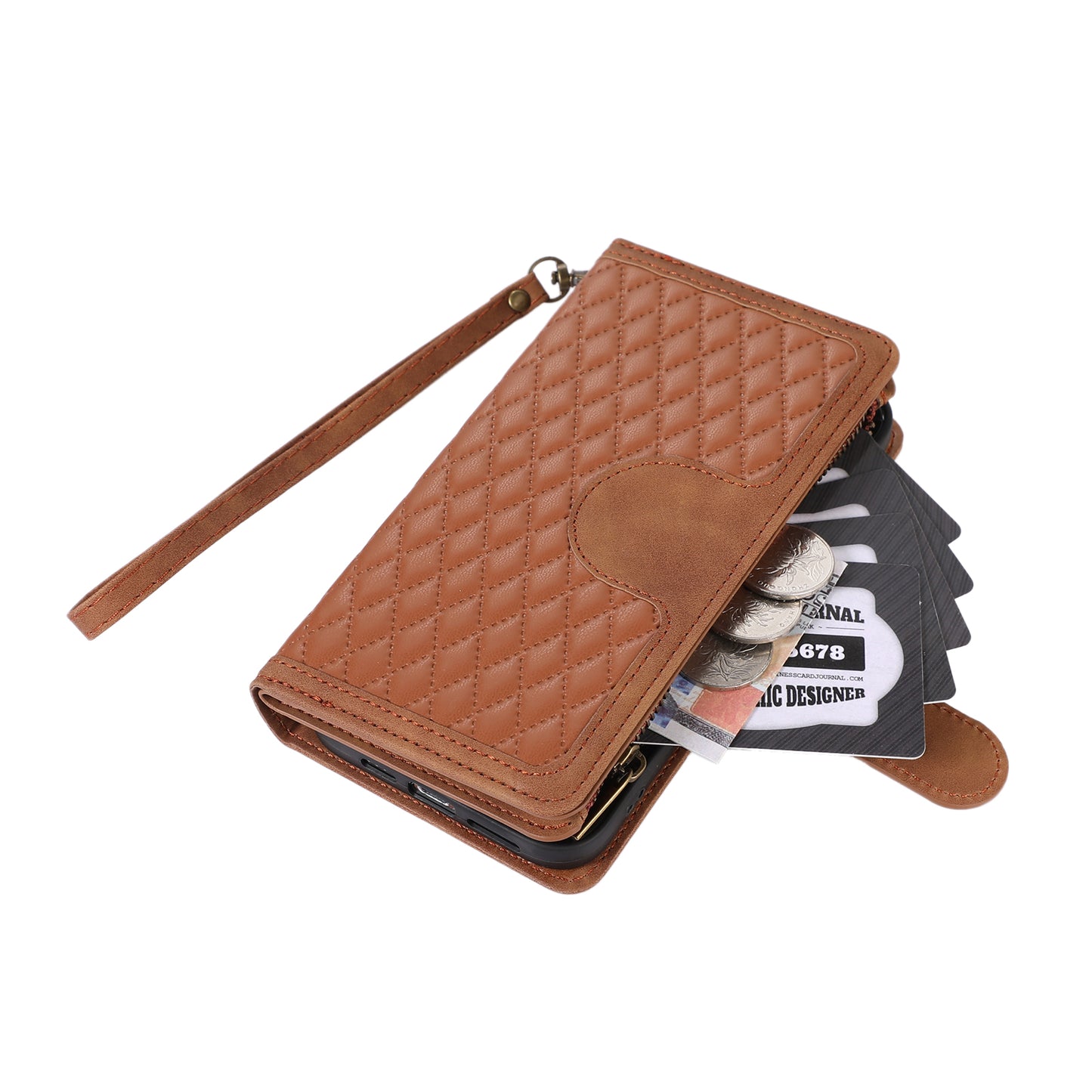 For Samsung Galaxy S24 Ultra Case 9 Card Slots Zipper Pocket Wallet Leather Phone Shell with 2 Straps - Brown