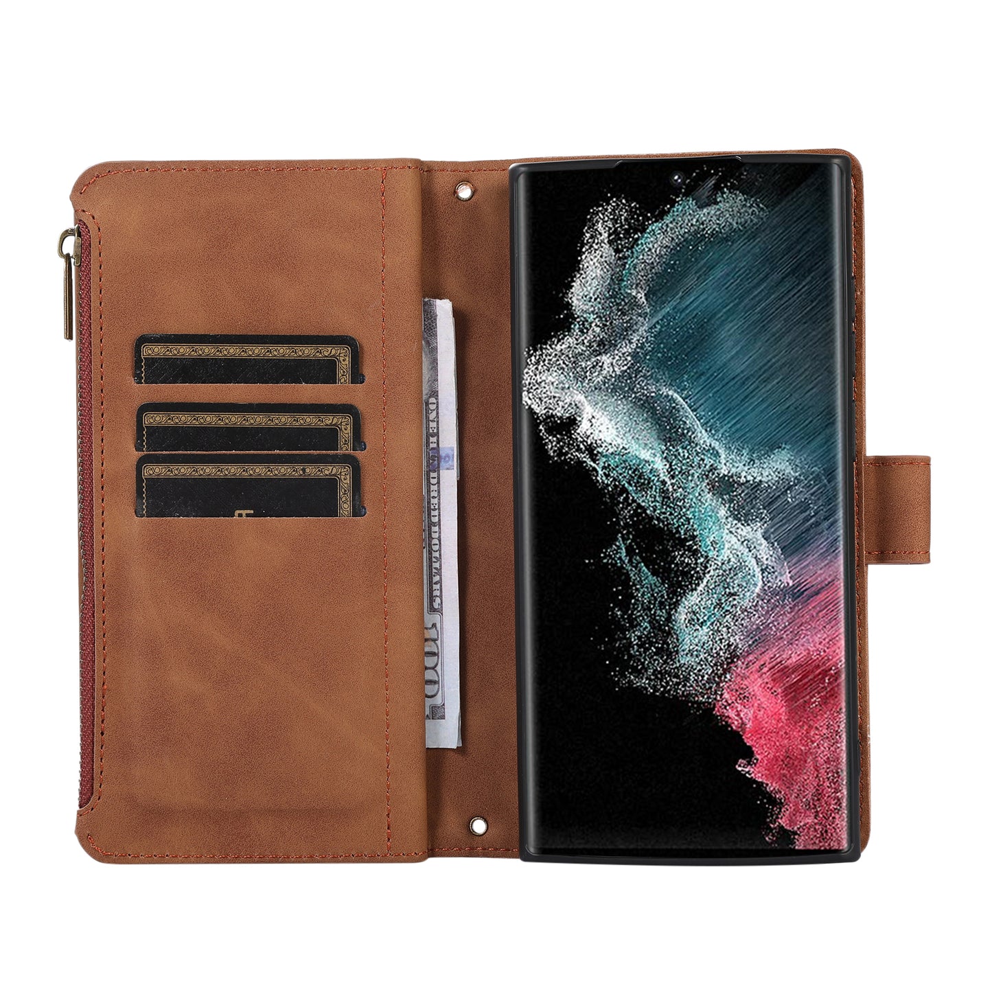 For Samsung Galaxy S24 Ultra Case 9 Card Slots Zipper Pocket Wallet Leather Phone Shell with 2 Straps - Brown