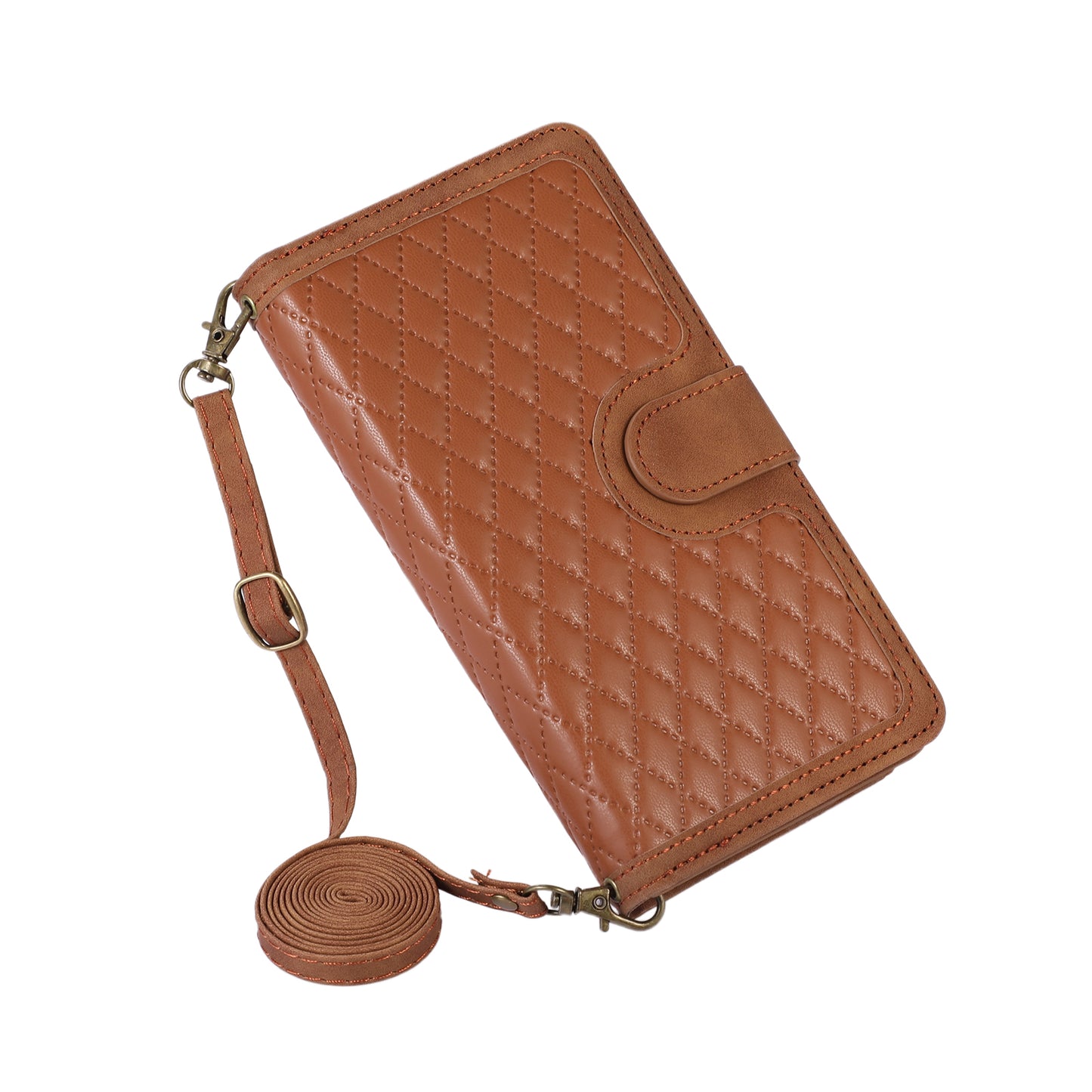 For Samsung Galaxy S24 Ultra Case 9 Card Slots Zipper Pocket Wallet Leather Phone Shell with 2 Straps - Brown