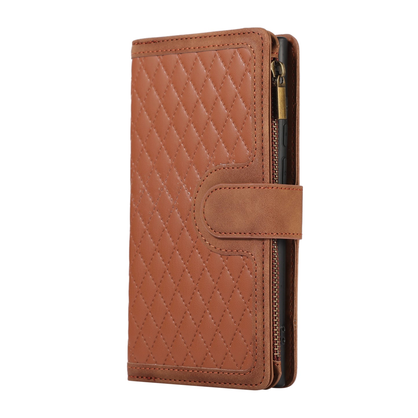 For Samsung Galaxy S24 Ultra Case 9 Card Slots Zipper Pocket Wallet Leather Phone Shell with 2 Straps - Brown