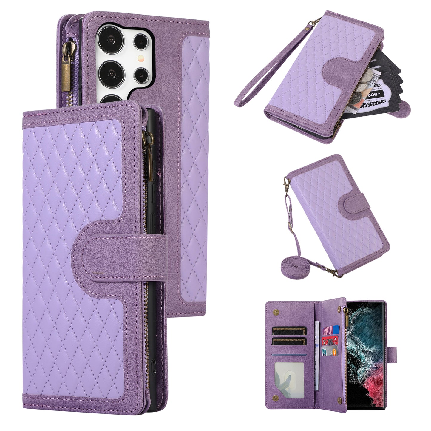 For Samsung Galaxy S24 Ultra Case 9 Card Slots Zipper Pocket Wallet Leather Phone Shell with 2 Straps - Purple