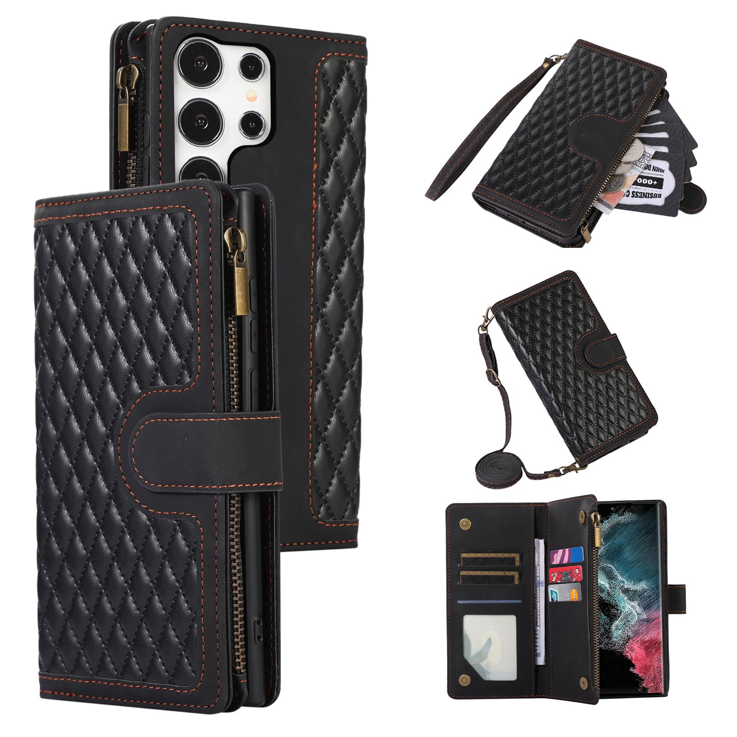 For Samsung Galaxy S24 Ultra Case 9 Card Slots Zipper Pocket Wallet Leather Phone Shell with 2 Straps - Black