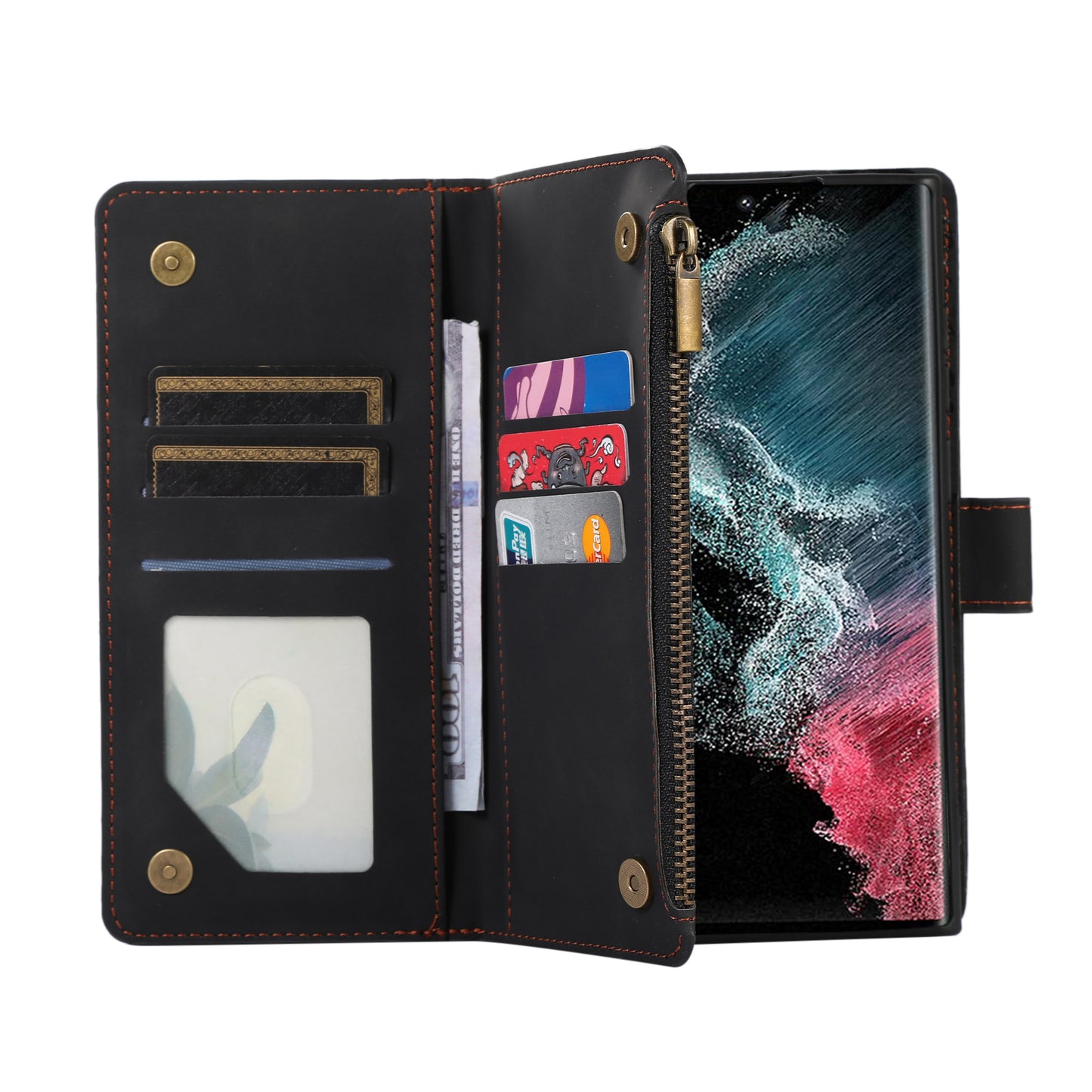 For Samsung Galaxy S24 Ultra Case 9 Card Slots Zipper Pocket Wallet Leather Phone Shell with 2 Straps - Black