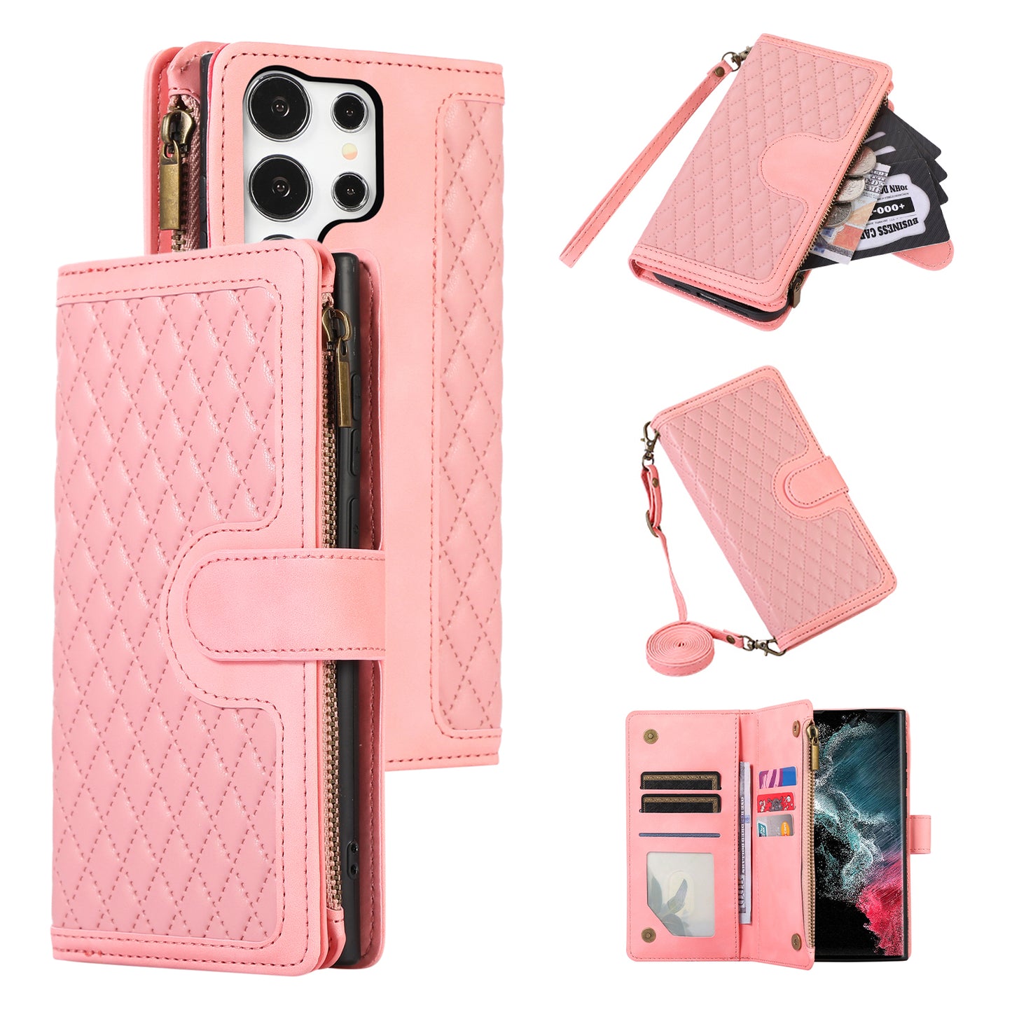 For Samsung Galaxy S24 Ultra Case 9 Card Slots Zipper Pocket Wallet Leather Phone Shell with 2 Straps - Rose Gold