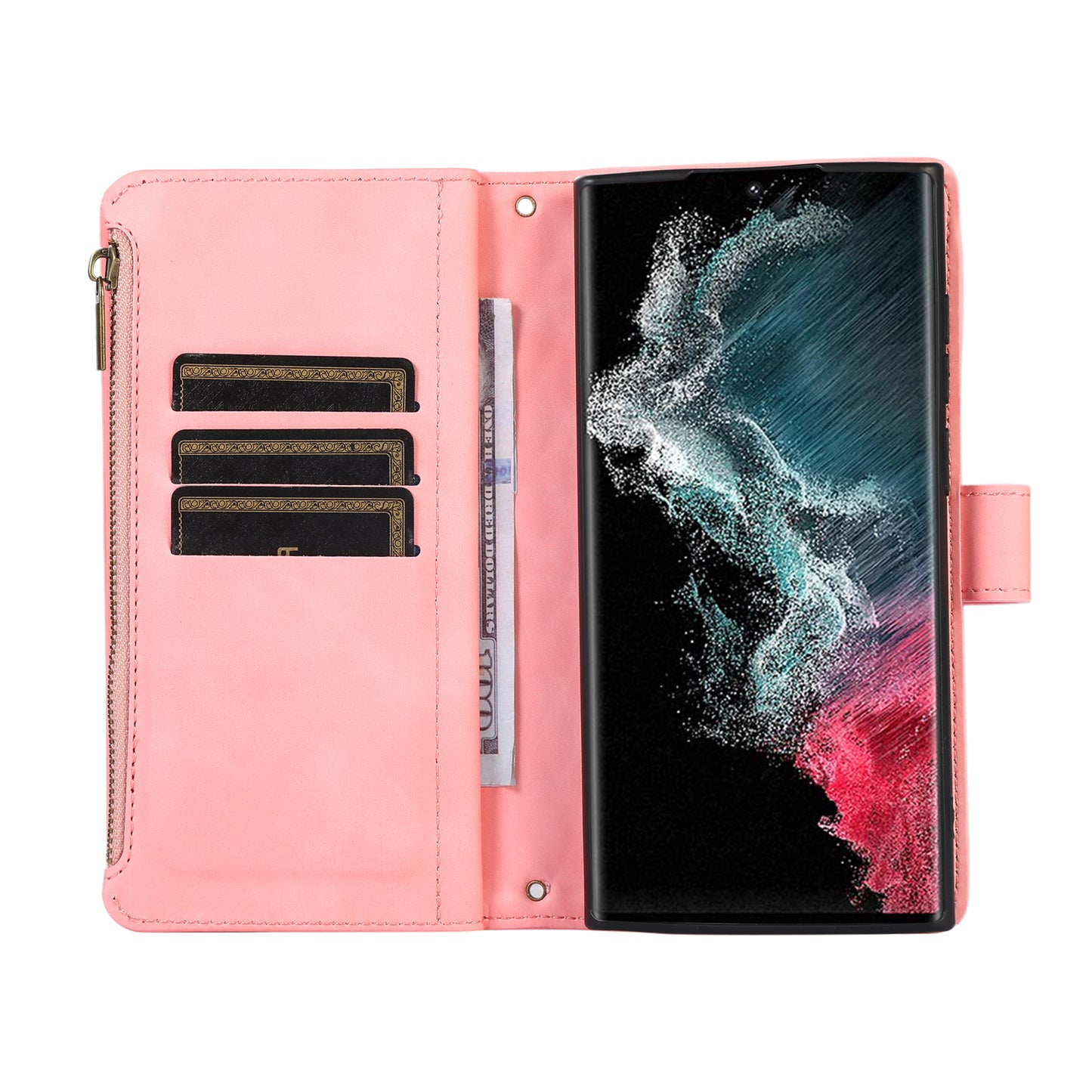 For Samsung Galaxy S24 Ultra Case 9 Card Slots Zipper Pocket Wallet Leather Phone Shell with 2 Straps - Rose Gold